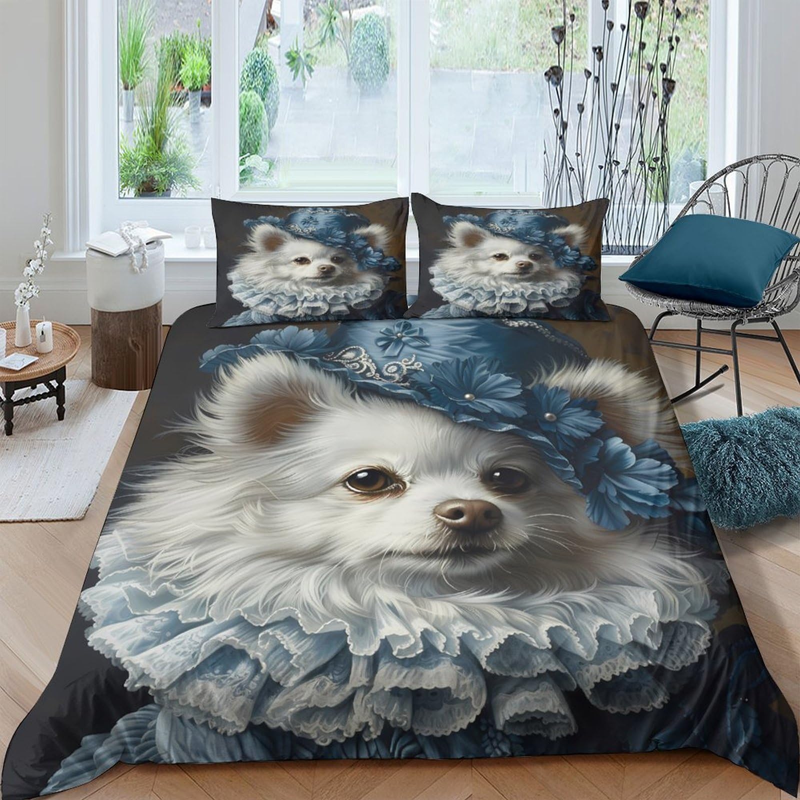 Ctjqhvkz Style-7 3D Printed White Dog Portrait Fitted Sheet Microfiber Non-Slip Artistic Blue Ruffle Bed Cover For Bedroom Guest Room Decor Single（135X200cm）