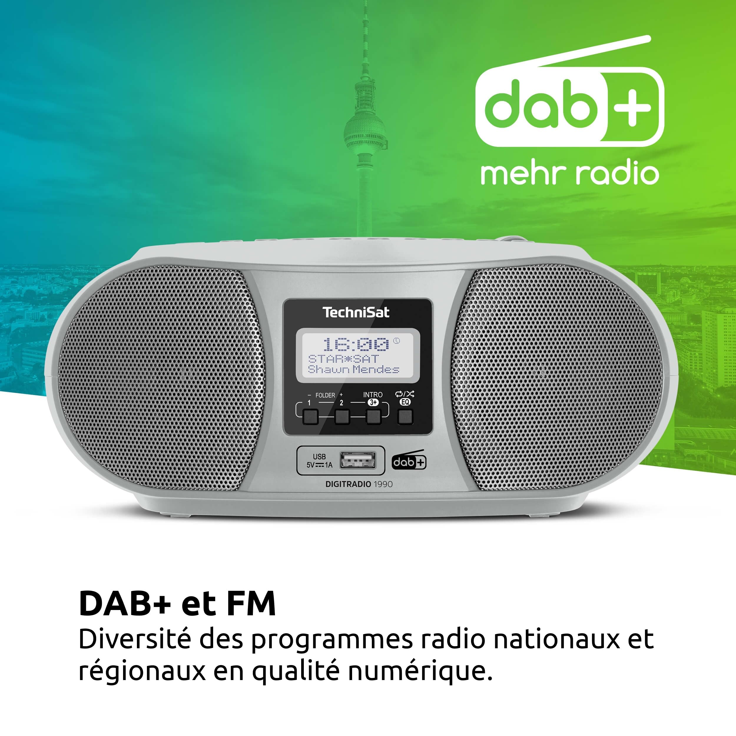 TechniSat DIGITRADIO 1990 - stéréo Boombox avec Radio Dab +/FM et Lecteur CD (Streaming Audio Bluetooth, Connexion Casque, USB, entrée AUX, Fonction de Charge, Horloge, 2 x 1,5 W) Argent