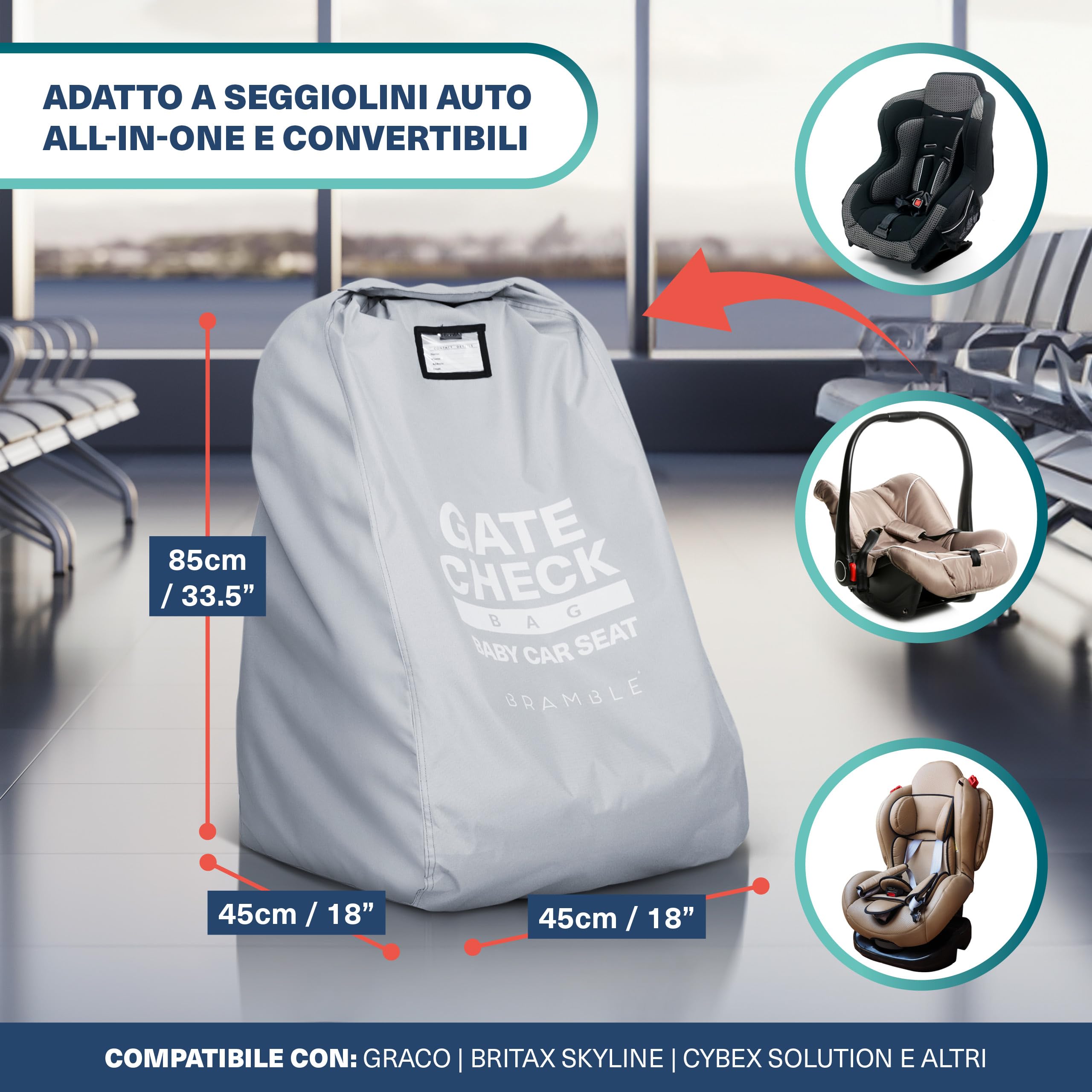 Bramble - Borsa da viaggio per seggiolino auto per il check-in al gate dell'aereo - Coprisedile auto per viaggi in aeroporto - Borsa da trasporto protettiva resistente all'acqua (grigio)