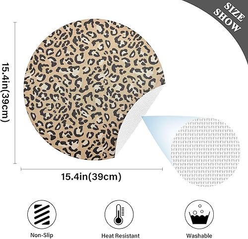 Miniatura 4 de Juego de 4 manteles individuales redondos con estampado de leopardo, antideslizantes, resistentes al calor, para mesa de madera para cocina, color