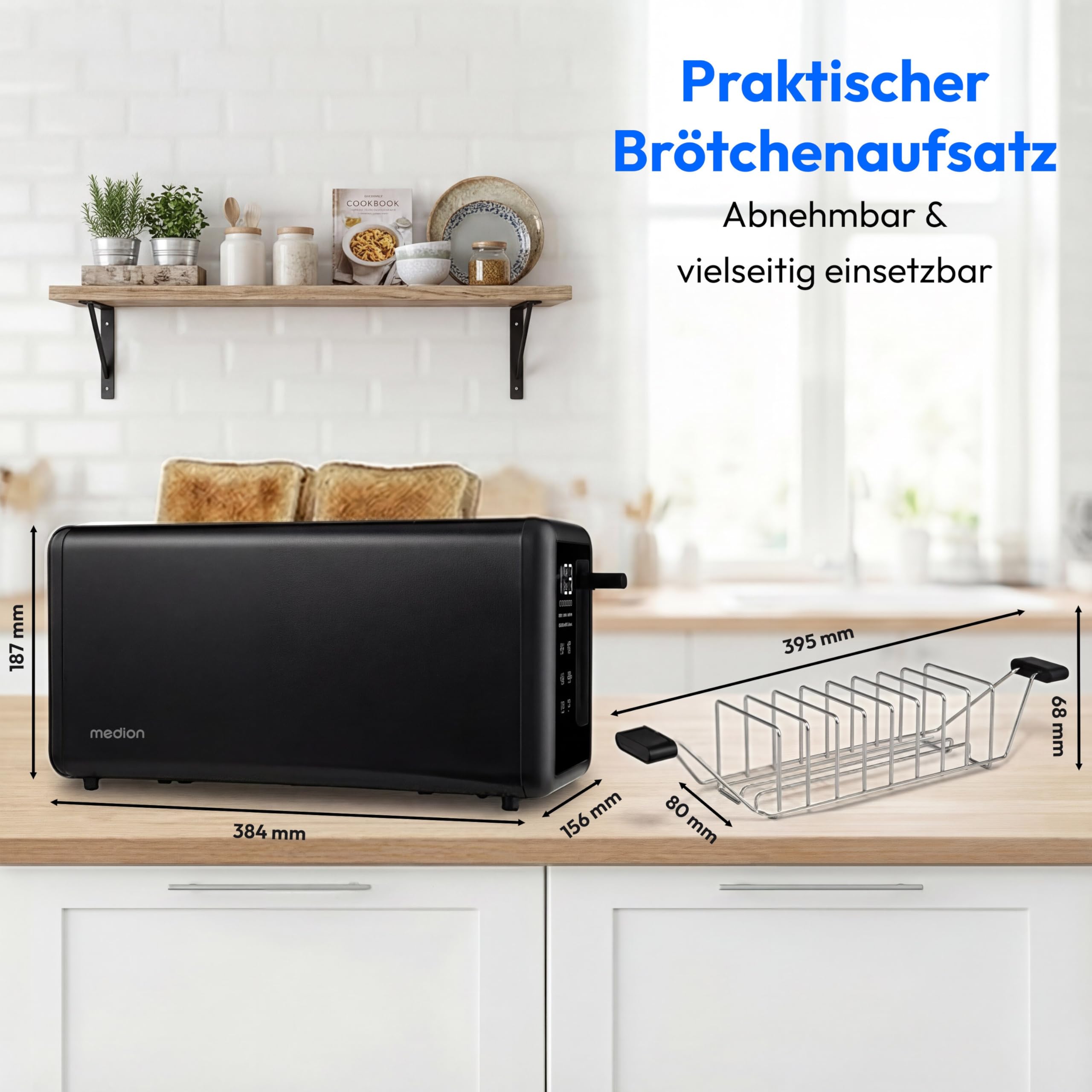 MEDION Toaster 4 Scheiben mit Brötchenaufsatz (7 Bräunungsstufen, 5 Automatikprogramme, 1.450 Watt, 2 lange Toastschlitze, Auftauen, Aufwärmen, Krümelschublade, Edelstahl Matt, MD 12103) schwarz