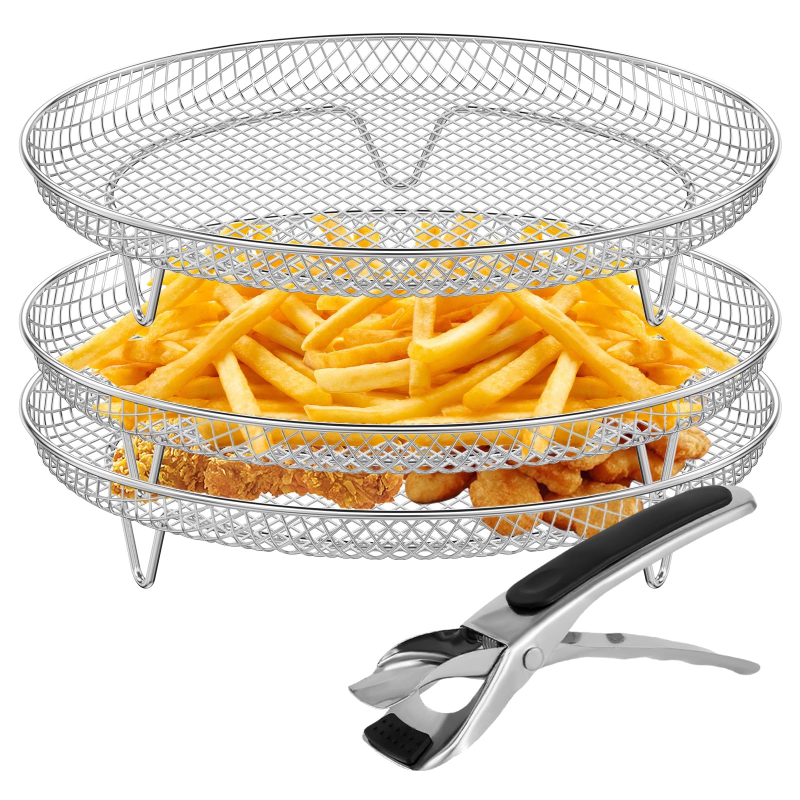 Air Fryer Basket, 7.8inch Round Air Fryer Rack with Clamp, 3 Layer Air Fryer Grill Rack Basket, Stainless Steel Stackable Grill Dehydrator Rack Fit all 4.2QT - 5.8QT Air fryer, Oven, Press Cooker