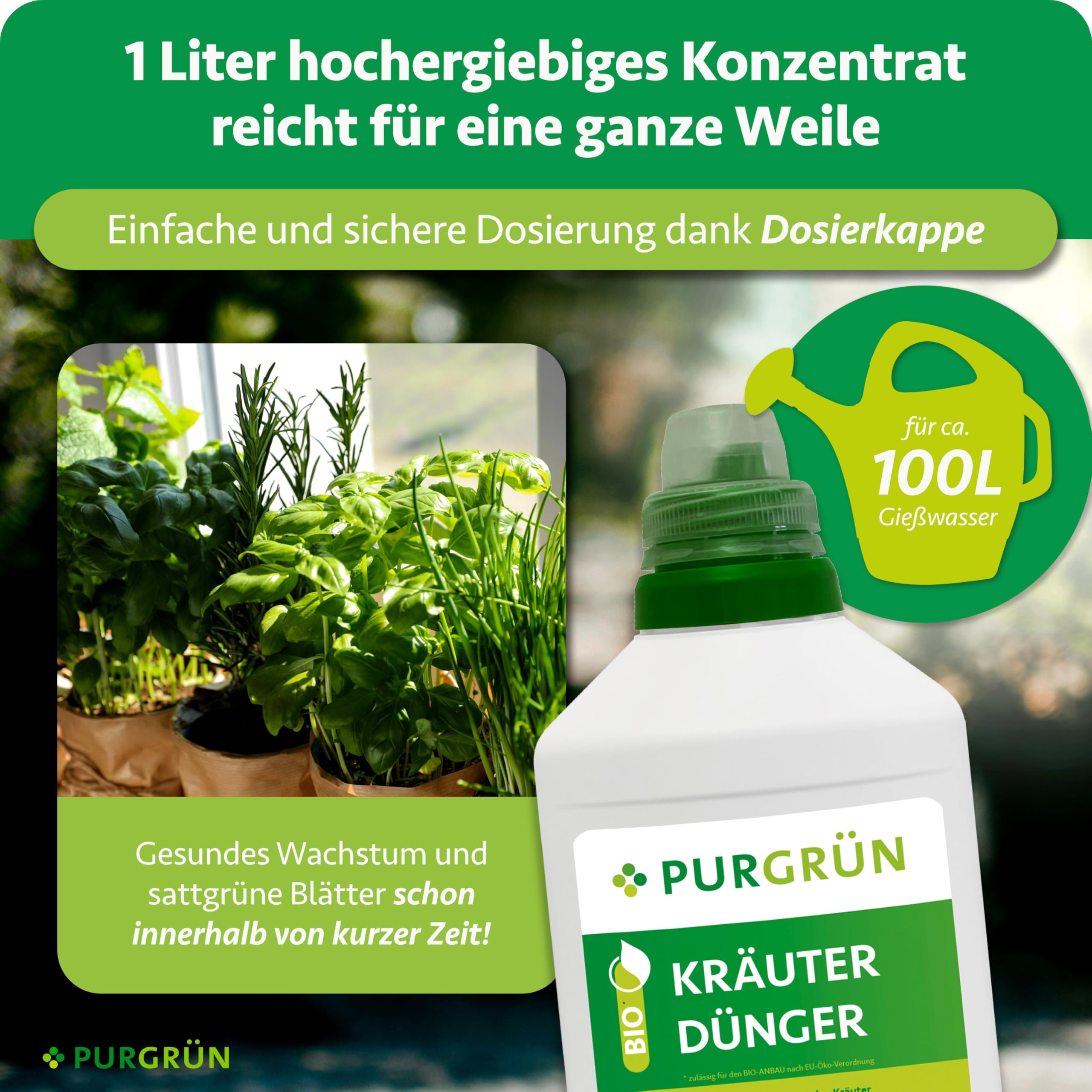 Bio-Kräuterdünger 1 Liter – Für ein intensives Aroma – Premium-Flüssigdünger für den Bio-Anbau – Extra Kalium für gesundes Kräuter – Ergiebiges Konzentrat für 100 Liter Gießwasser