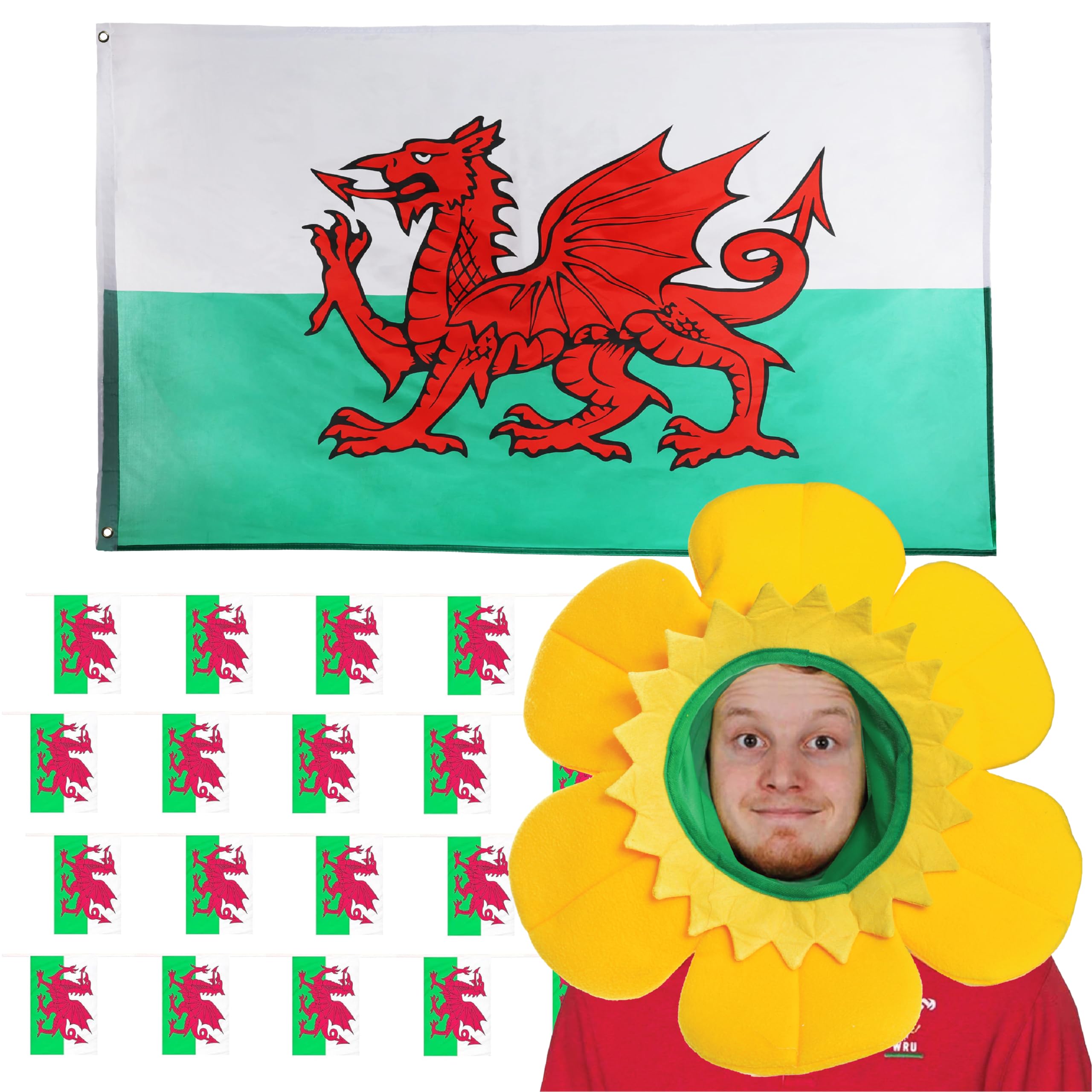 I LOVE FANCY DRESS Welsh Flag, Daffodil Headpiece & Bunting Set - Daffodil Headpiece, Welsh Flag Bunting, and 5ft X 3ft Welsh Flag - Perfect for Welsh Celebrations, Football, Rugby and St David's Day