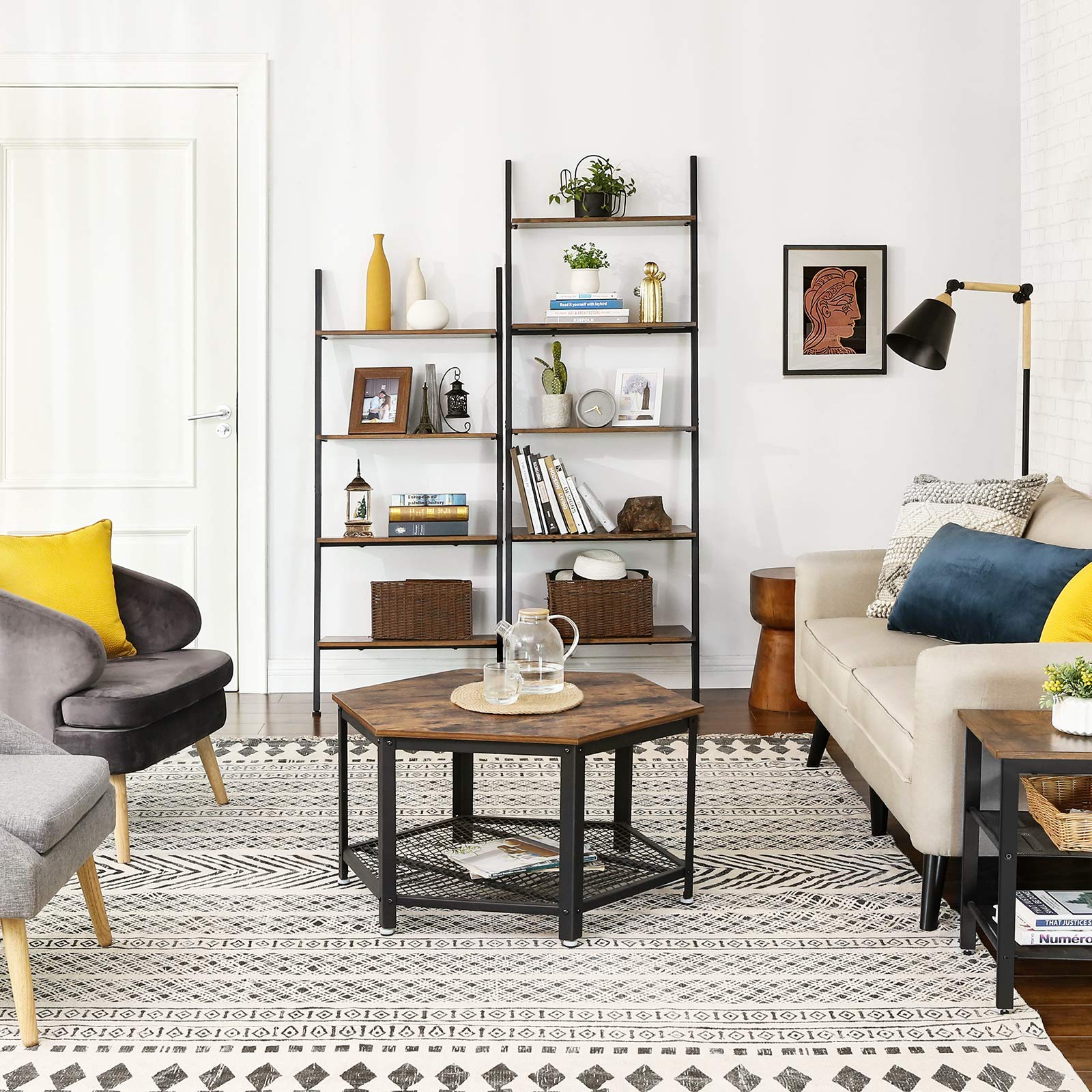 VASAGLE ALINRU Ladder Shelf Leaning Shelf, 5-Tier Bookshelf Rack, for Living Room Kitchen Office, Stable Steel, Industrial, Rustic Brown and Black ULLS46BX