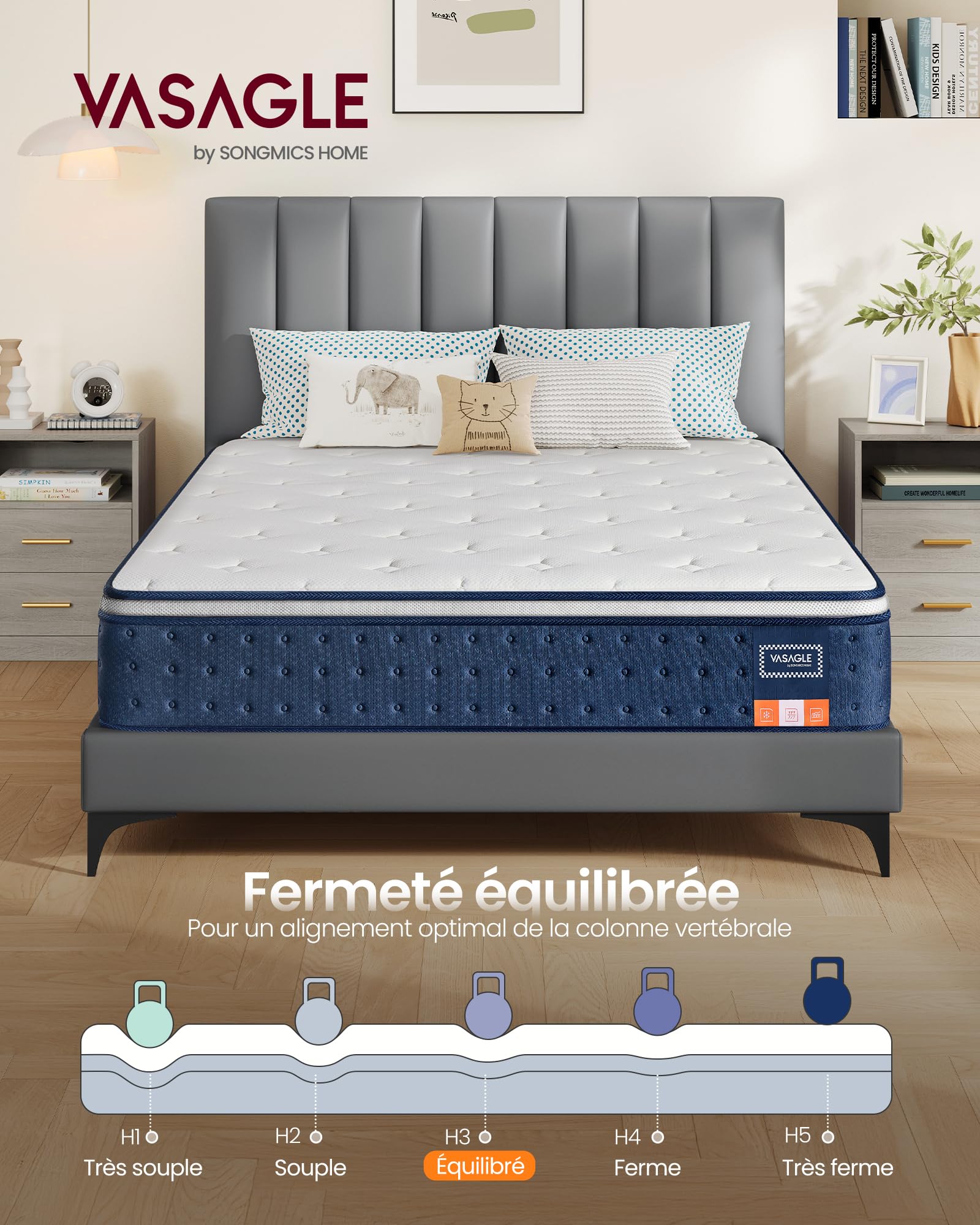 VASAGLE Matelas Double 140 x 190 x 25 cm, Matelas Hybride à Ressorts Ensachés, Mousse à Mémoire de Forme Gel, Soutien Mi-Ferme sur 7 Zones, Bords Renforcés, Housse Respirante, Bleu RMZ223QZ02