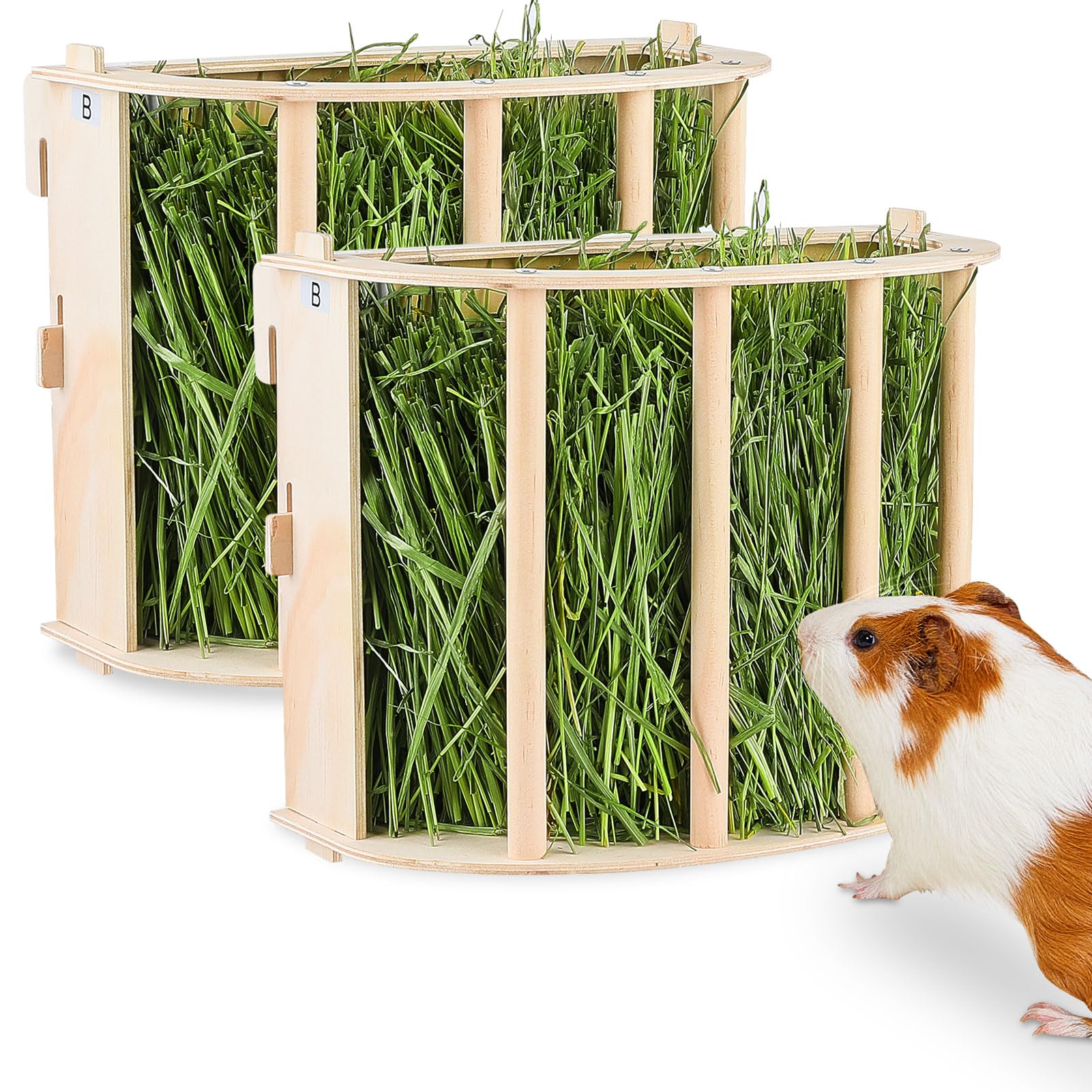 2PCS Guinea Pig Hay Feeder - Wooden Rabbit & Bunny Hay Holder Hanging Rack with Instructions - Suitable for Chinchilla, Ferret & Rabbit Cages