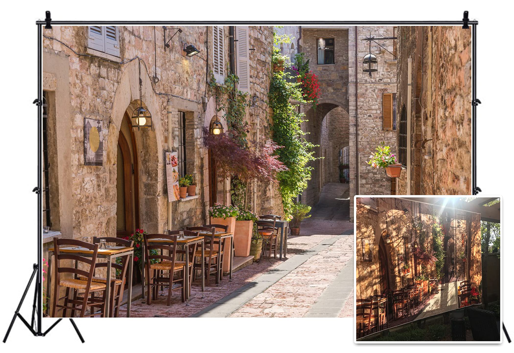 Leyiyi 5x3ft Photography Background Italian Wedding Backdrop European Travel Downtown Street Caffee Vintage Buildings Sunshine Honeymoon Summer Graduation Vacation Photo Portrait Vinyl Studio Prop
