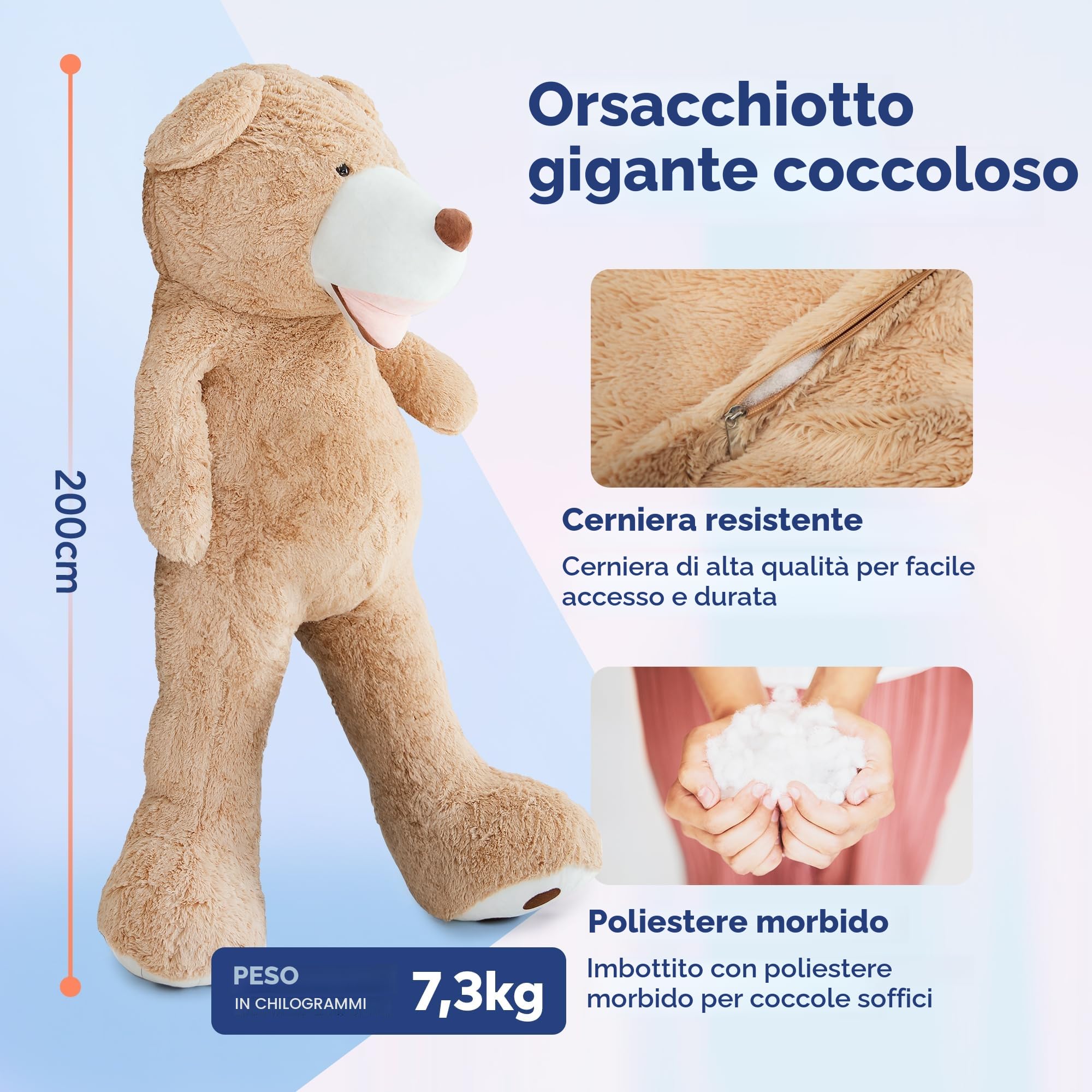 MKS Orsacchiotto XXL 200 cm – enorme peluche per bambini e adulti – morbido peluche XXL – grande orsacchiotto come regalo per compleanno e San Valentino – morbido e facile da pulire