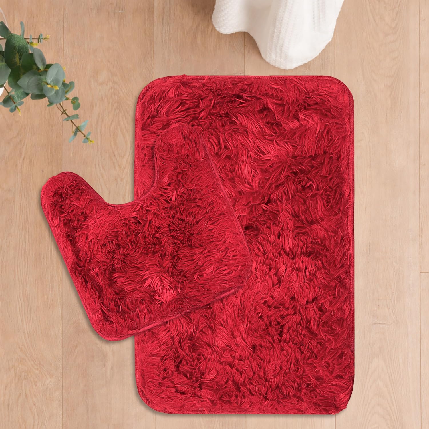 LUXE HOME INTERNATIONAL Marino Fur Contour Bath Mat – Washable, Anti Skid, Water Absorbent Contour Mats for Bathroom, Toilet, Wash Basin & Bathroom Contour Mat Set of 2(Maroon 40x60 cm & 40x45)