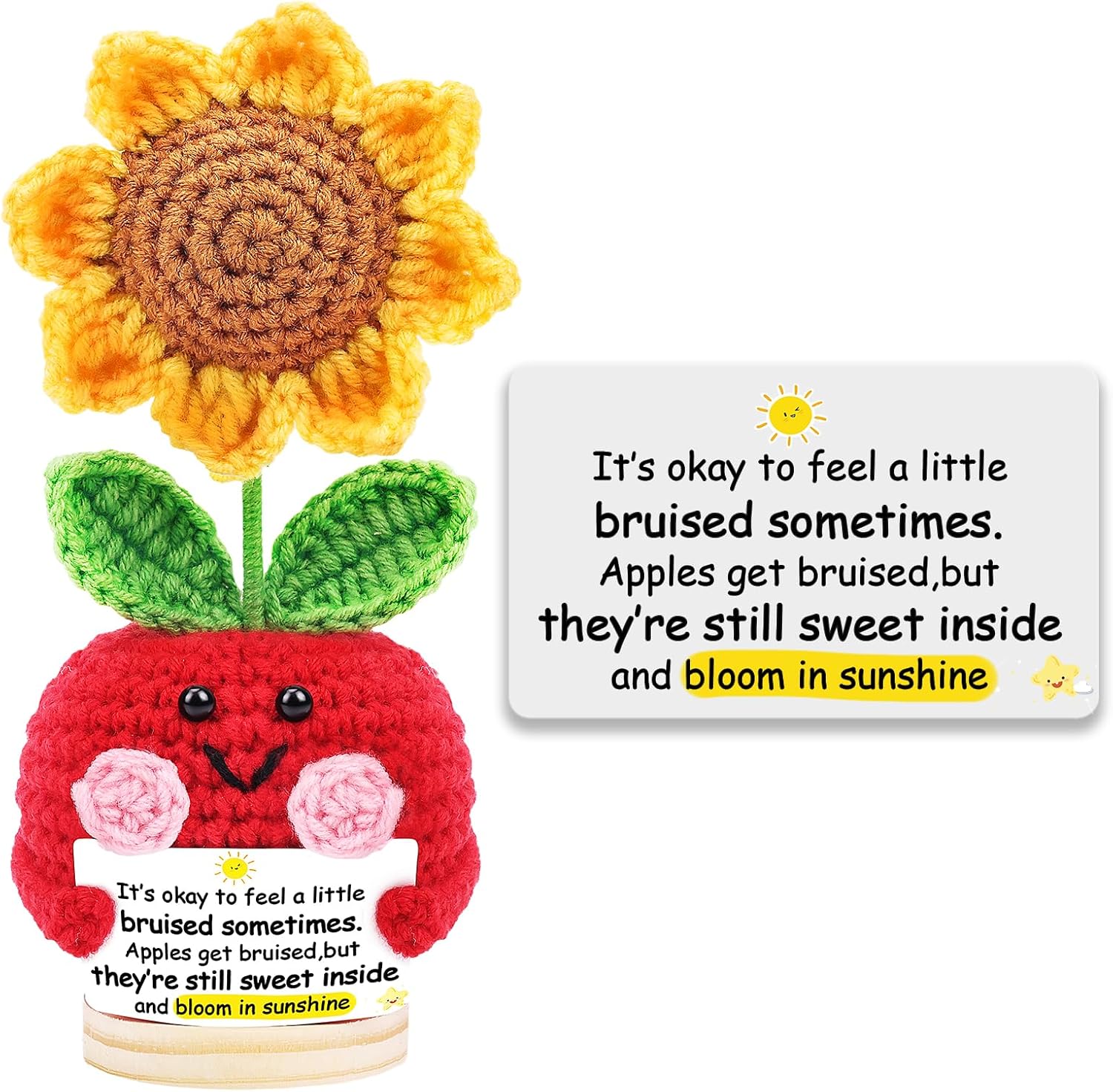 Apple with Sunflower Christmas Thanksgiving Gifts for Her Him Friend Husband Wife, Hand Knitted Emotional Crochet Plants Stocking Stuffers Present for Birthday Anniversary Anxiety Relief