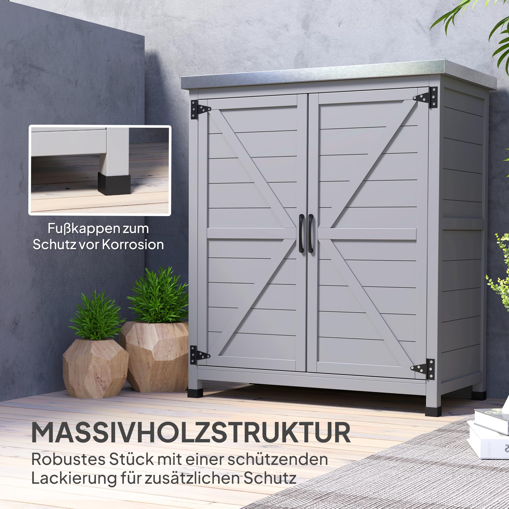 Outsunny Gartenschrank mit Pflanztisch Holz Geräteschuppen verzinkter Arbeitsplatte 2 Regalböden Doppeltür 79 x 43 x 92cm Grau