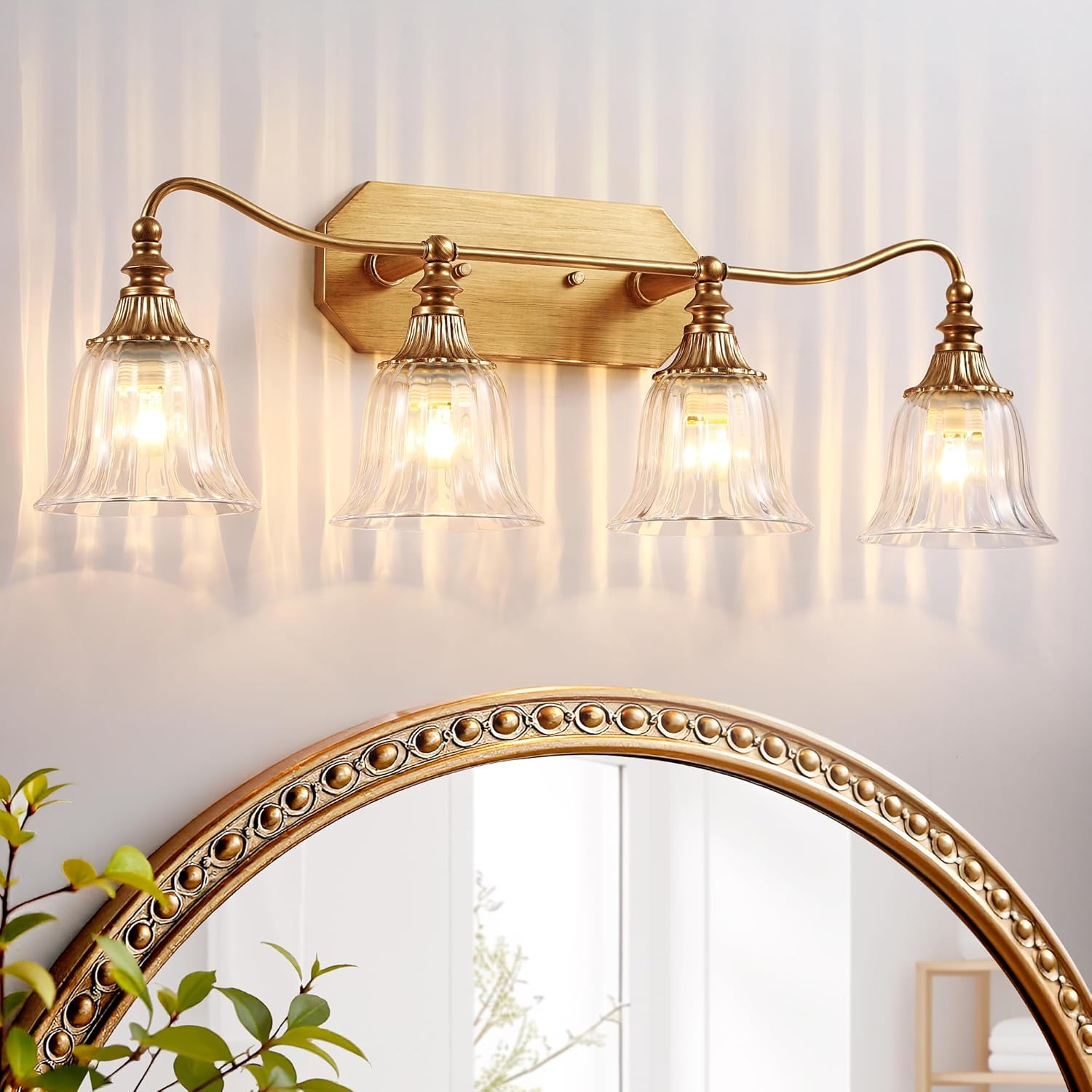 bathroom vanity gold light fixture, 4 lights bathroom lighting matte antique brass finish with crystal glass shade, gold vintage vanity light for bathrooms gold 4 lights