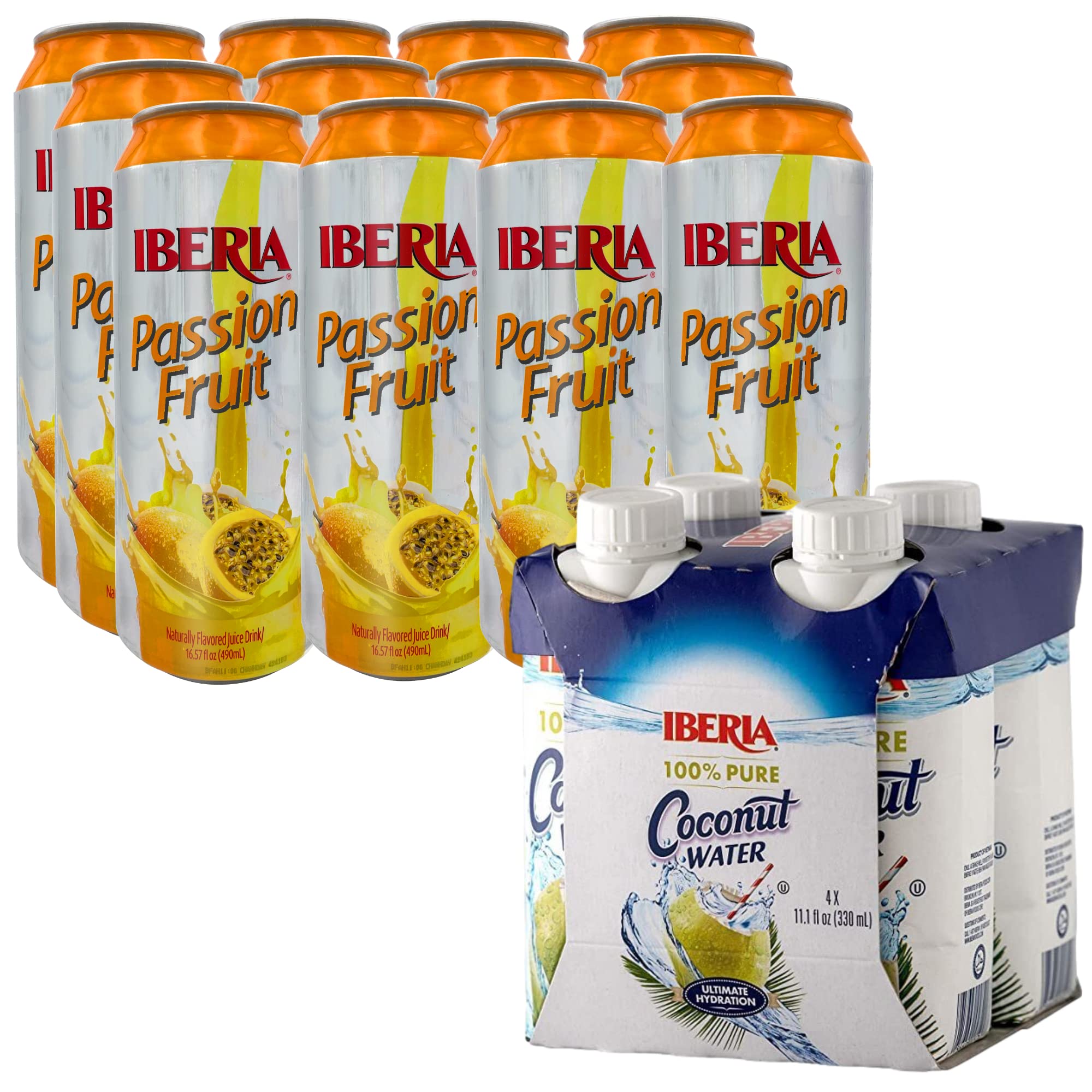 Iberia Passion Fruit Juice Drink, 16.57 Fl Oz (Pack of 12) + Iberia 100% Natural Coconut Water 11.1 Oz (Pack Of 4)