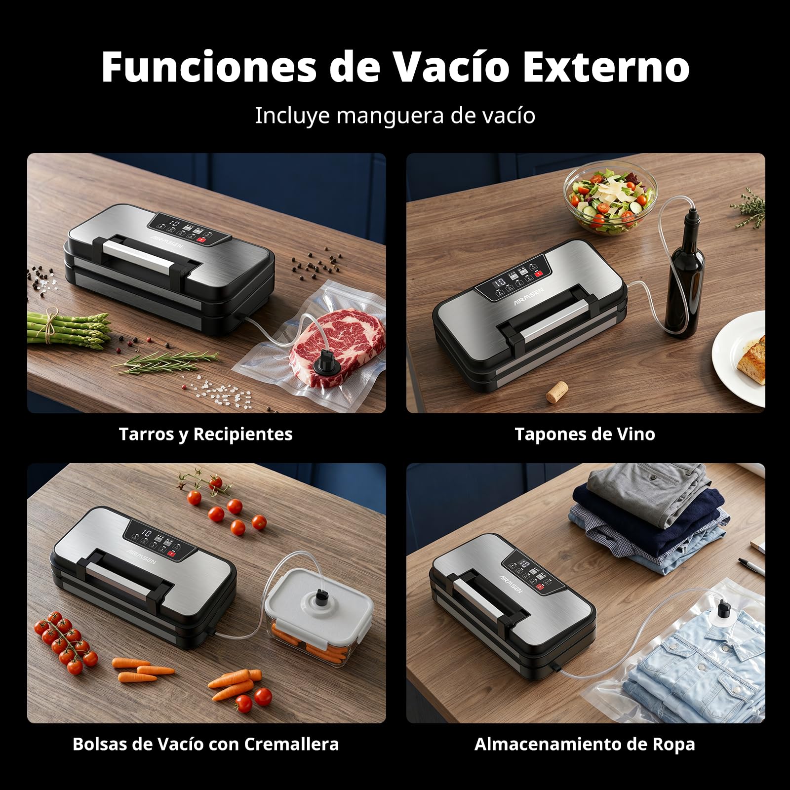AIRMSEN Envasadora al vacío 95 kPa con función de inflado, modos Seco/Húmedo, doble sellado 30 cm, cortador incorporado, rollo y bandeja extraíble – mantiene los alimentos frescos hasta 8× más tiempo
