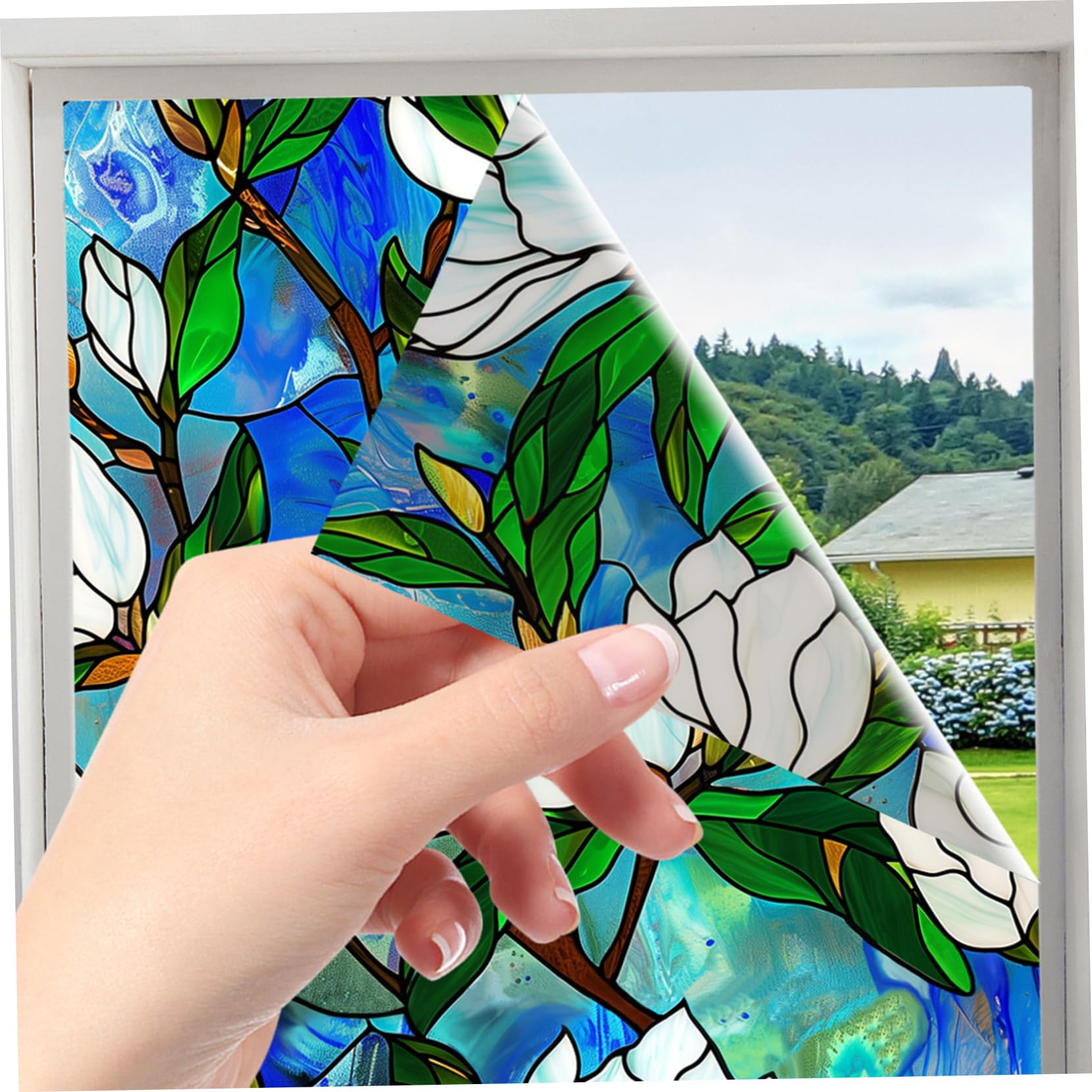 Suxdlan 17.7 X 39.3Inch Stained Glass Window Film 18X39 Inch Window Privacy Film Removable Static Cling Floral Stickers For Living Room Bedroom Study