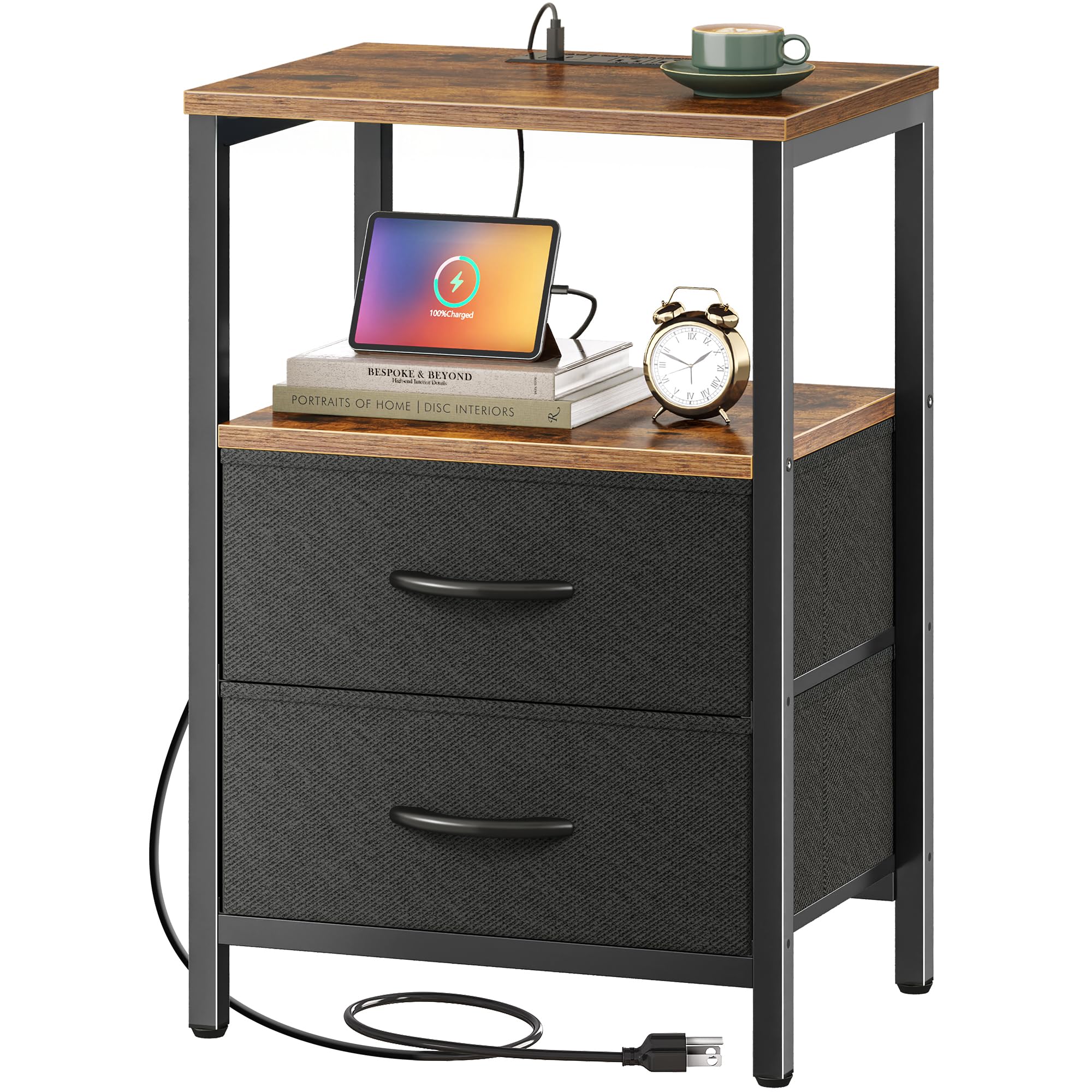 Huuger Nightstand with Charging Station, Side Table with Fabric Drawers, End Table with Open Shelf, Bedside Table with USB Ports and Outlets, Night Stand for Bedroom, Rustic Brown and Black