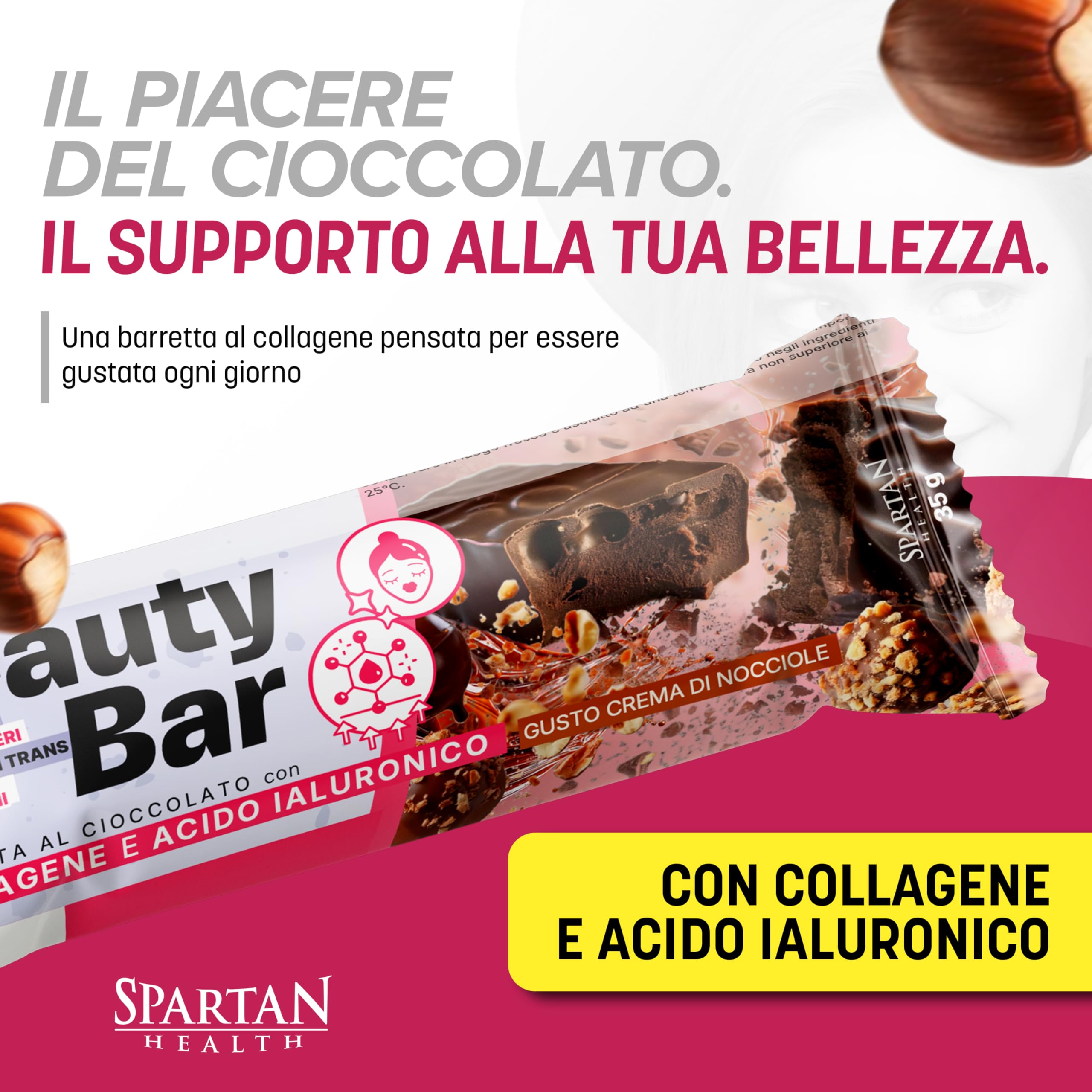 Spartan Health – Beauty Bar – Snack Collagene e Acido Ialuronico – Barretta di Bellezza e Anti-Aging – Senza Zuccheri Aggiunti – Kit Barrette Bellezza 12 Pezzi - (Crema di Nocciole)