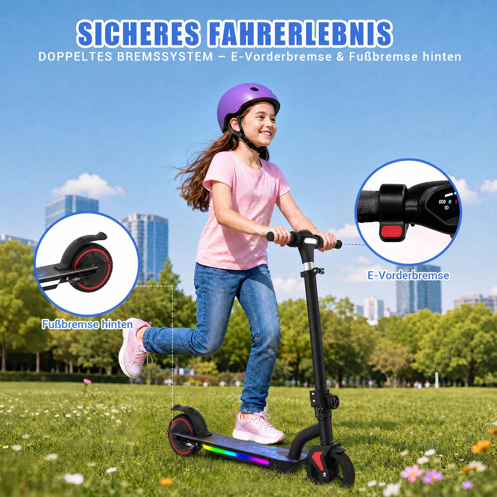 Elektroroller für Kinder von 6-16 Jahren 100cm-160cm 5.2A Batterie 3 Geschwindigkeitsstufen (6/10/16 km/h) 16km Reichweite Höhenverstellbar Reichweite faltbar LED-Display E-Scooter für Kinder