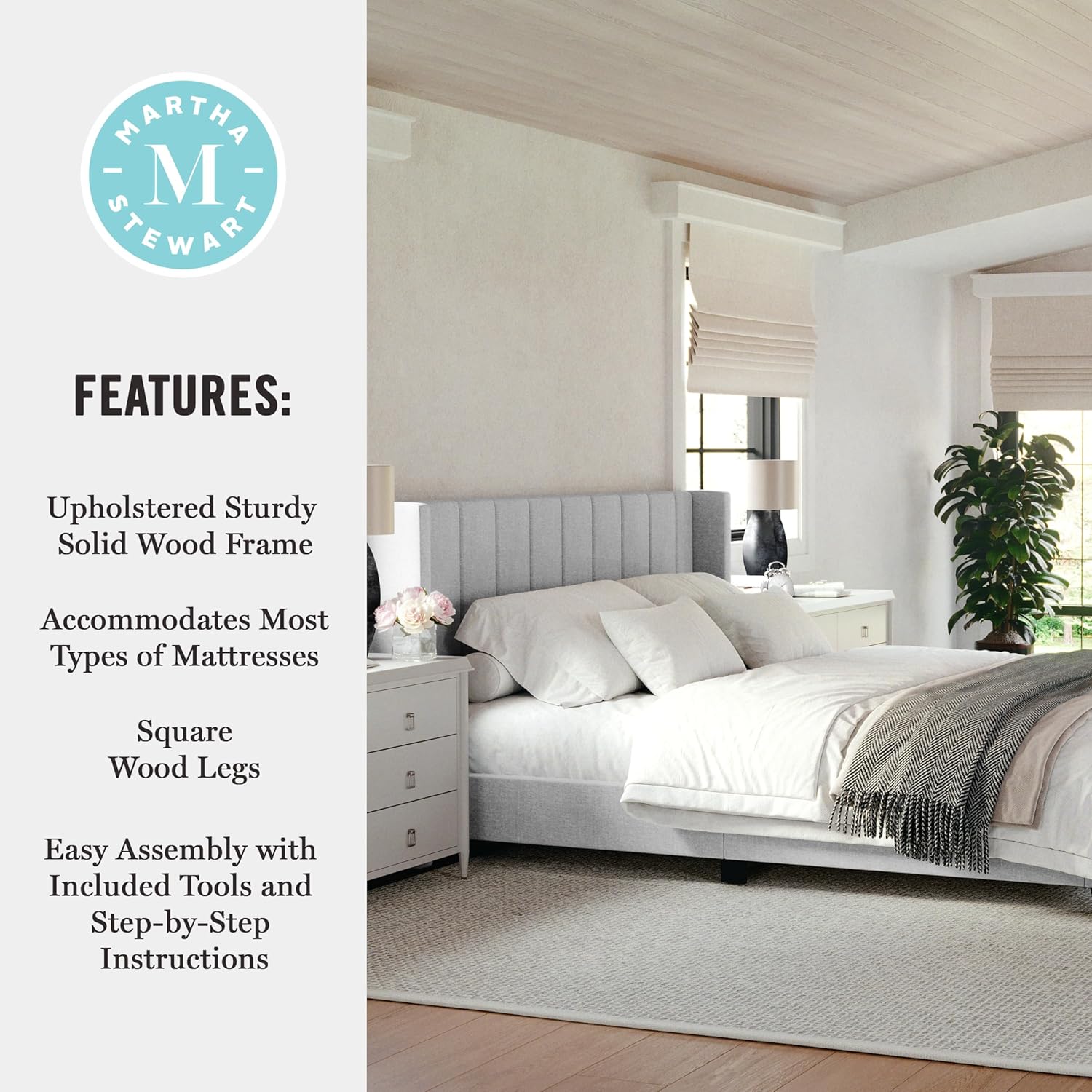 Gray King Upholstered Platform Bed with Linen Wingback Headboard