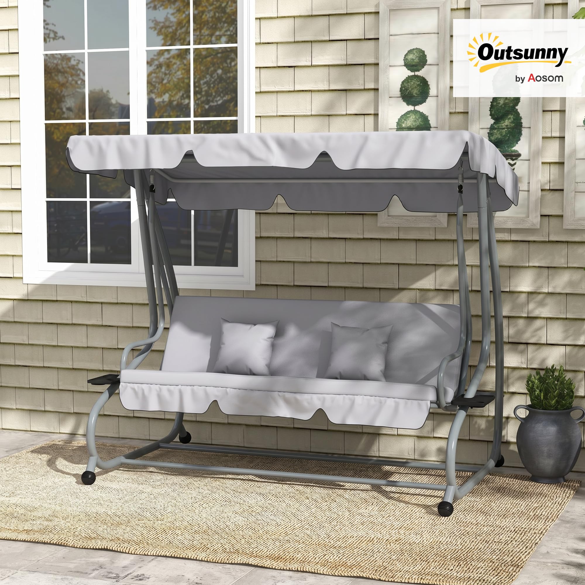 Outsunny Hollywoodschaukel mit Liegefunktion, 3-Sitzer Gartenschaukel mit Verstellbarem Dach, Seitenklapptisch, wasserabweisender Schaukelbank belastbar bis 340kg, für Garten, 200x120x164cm, Hellgrau