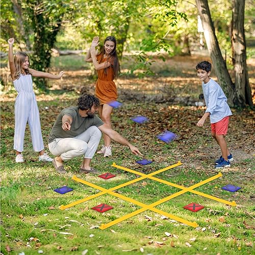 TRINEAR Juego de correa gigante de Tic Tac Toe, juegos al aire libre de Tic Tac Toe, juego portátil de 4 pies x 4 pies con 10 bolsas de frijoles,