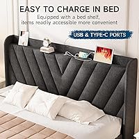 Vista 103 de koorlian Base de cama Queen con cabecero, base de cama tapizada ajustable con puertos tipo C y USB, cabecera de almacenamiento con respaldo de ala