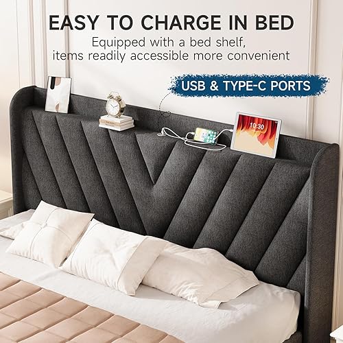 Miniatura 3 de Base de cama tamaño King, plataforma tapizada ajustable con puertos tipo C y USB, cabecera de almacenamiento con respaldo de ala, soporte de