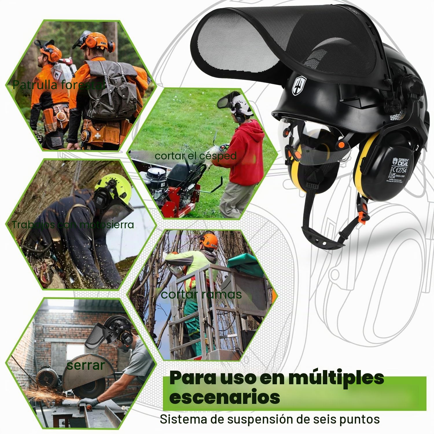 GREEN DEVIL Casco de seguridad para motosierra forestal EN397, certificado EN397, sistema 5 en 1 con protección facial de malla, visera integrada y orejeras, ventilado, para trampas de madera y