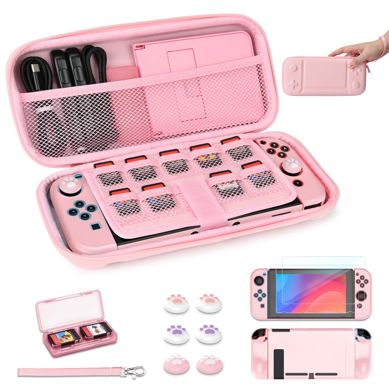 Younik Switch Custodia Per Switch 2017, Pacchetto di Accessori per Switch 14 in 1 con Custodia per il Trasporto, Accessori Protettivi per Console Switch e J-Con (Rosa, Motivo a Bottoni)
