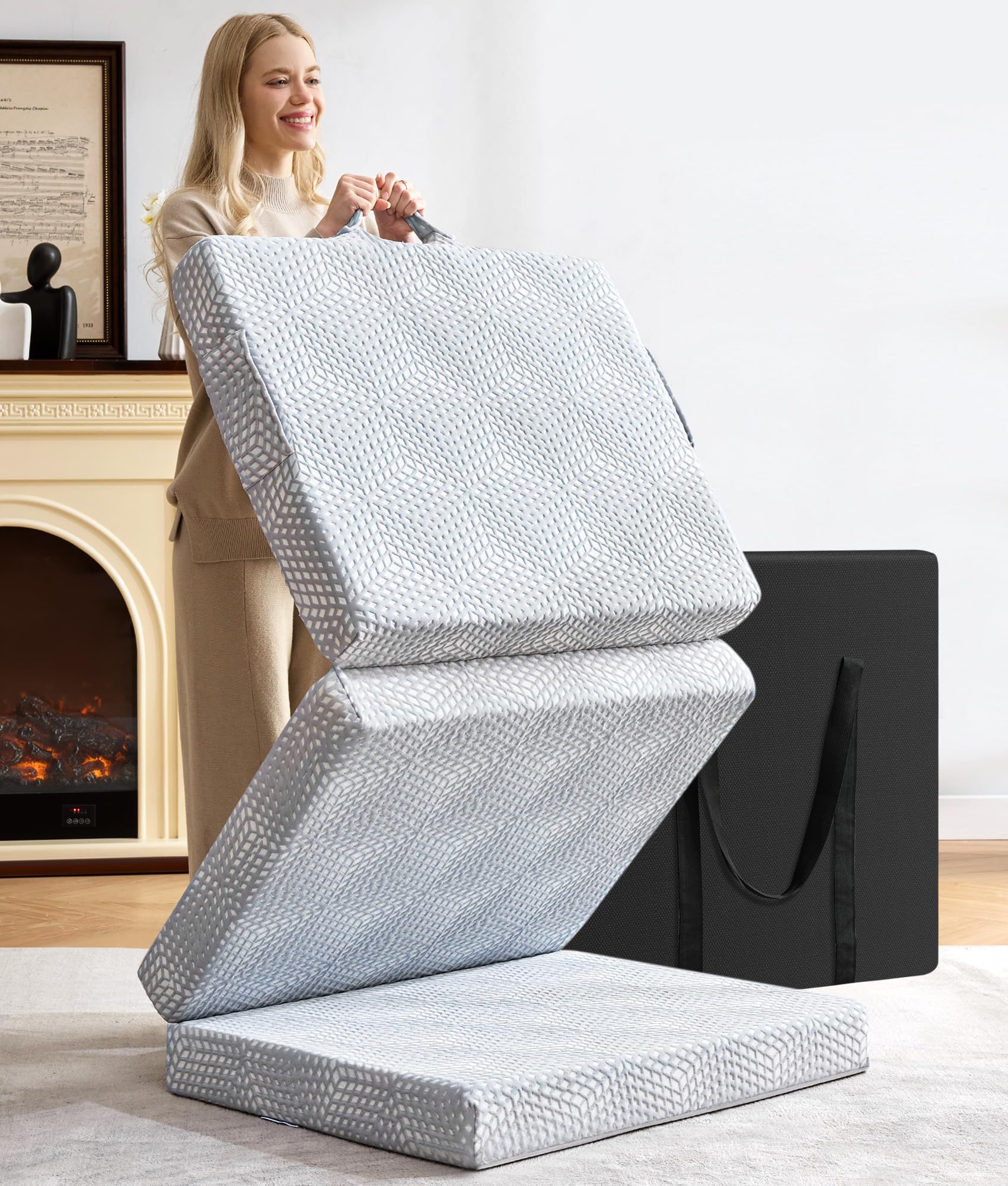 BDEUS Memory Foam Folding Mattress 4 Inch Twin XL Size with Protable Storage Bag, Trifold Mattress Topper Soft Guest Bed Floor Mat for Kids Camping