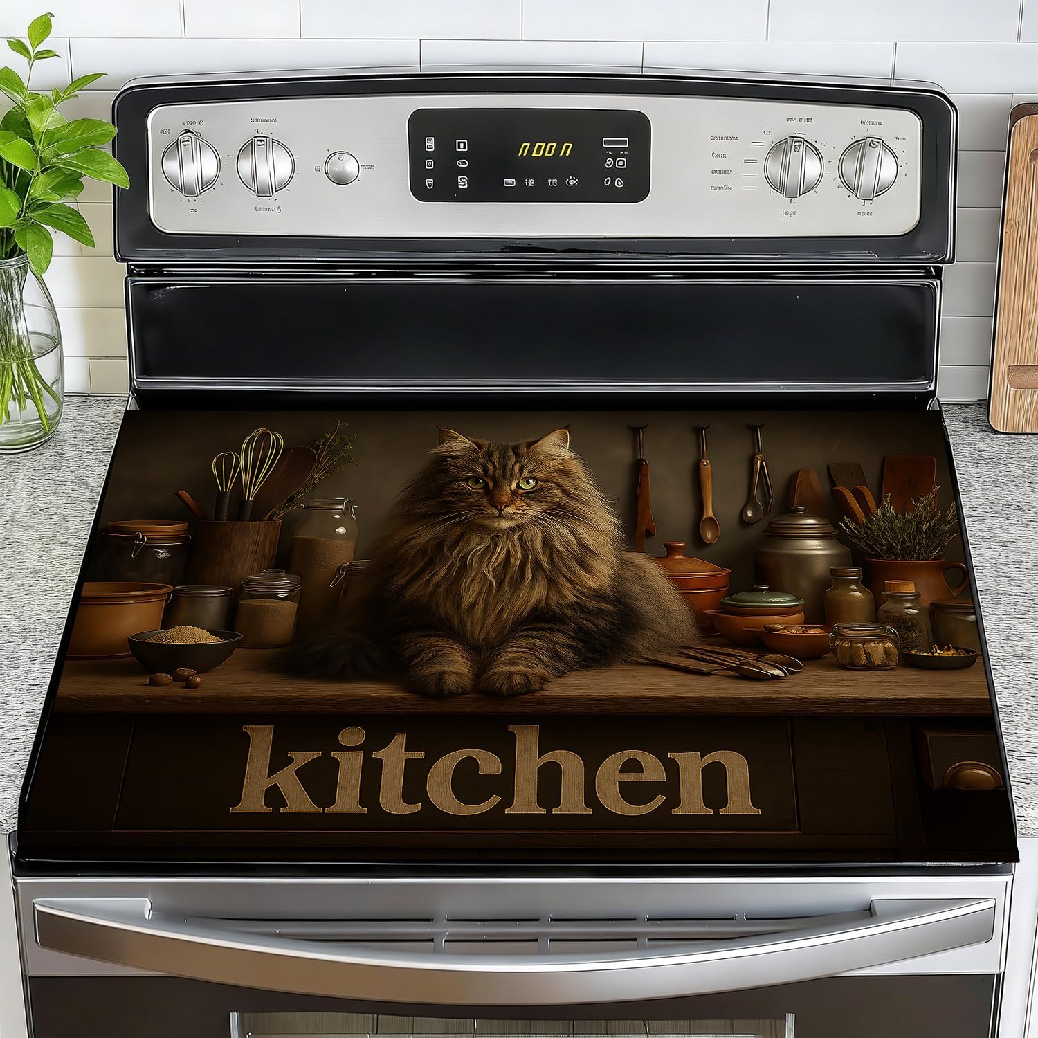 Retro animal-themed stove top cover, heat-resistant glass stove cover - multifunctional design with non-slip/washing machine top protective mat (28.3 x 20.5 inches, approx. 72 x 52 cm) (Rooster)