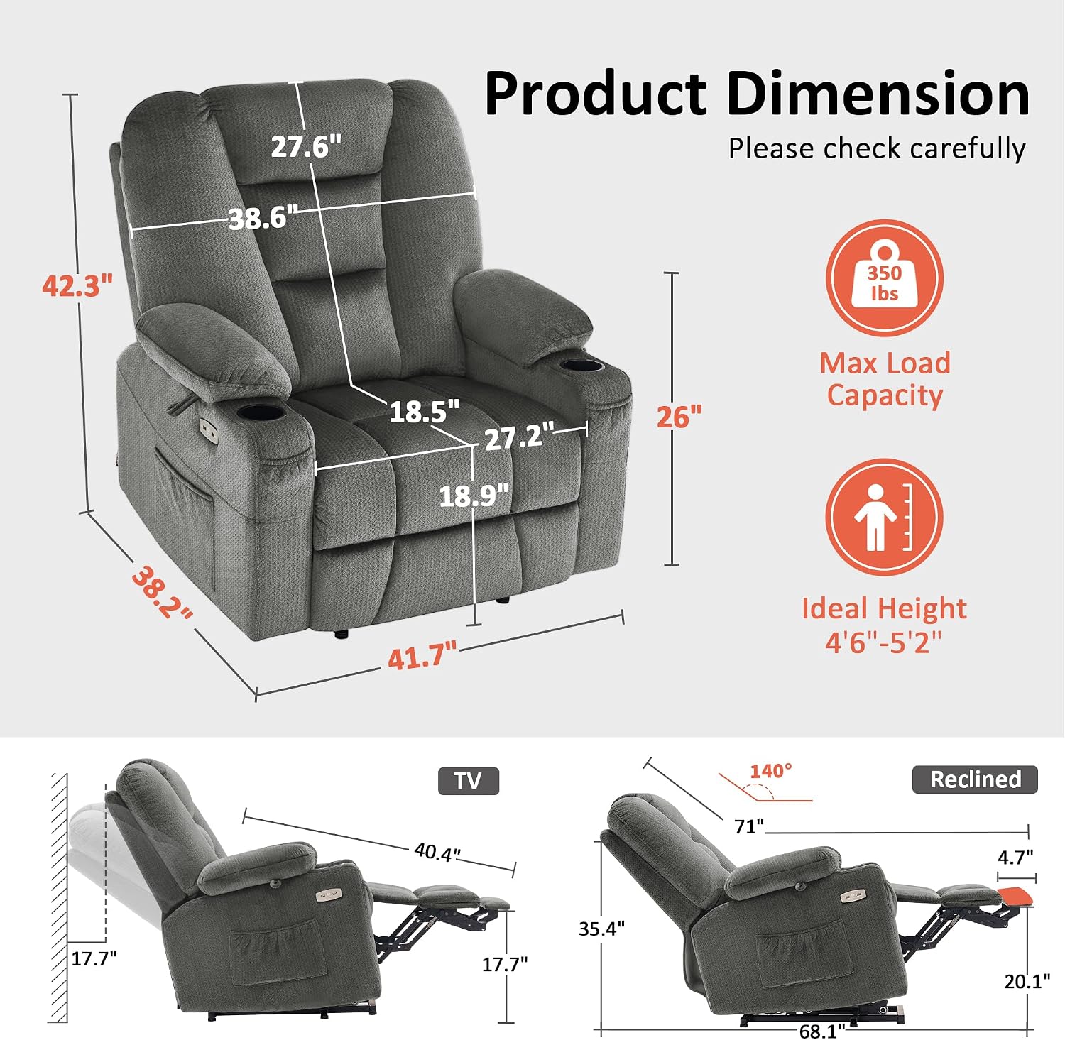 MCombo Oversized Power Lift Recliner Chair Sofa with Massage and Heat for Elderly People Petite, USB Ports, Side Pockets, Fabric R7561 (Grey, Small-Oversize)