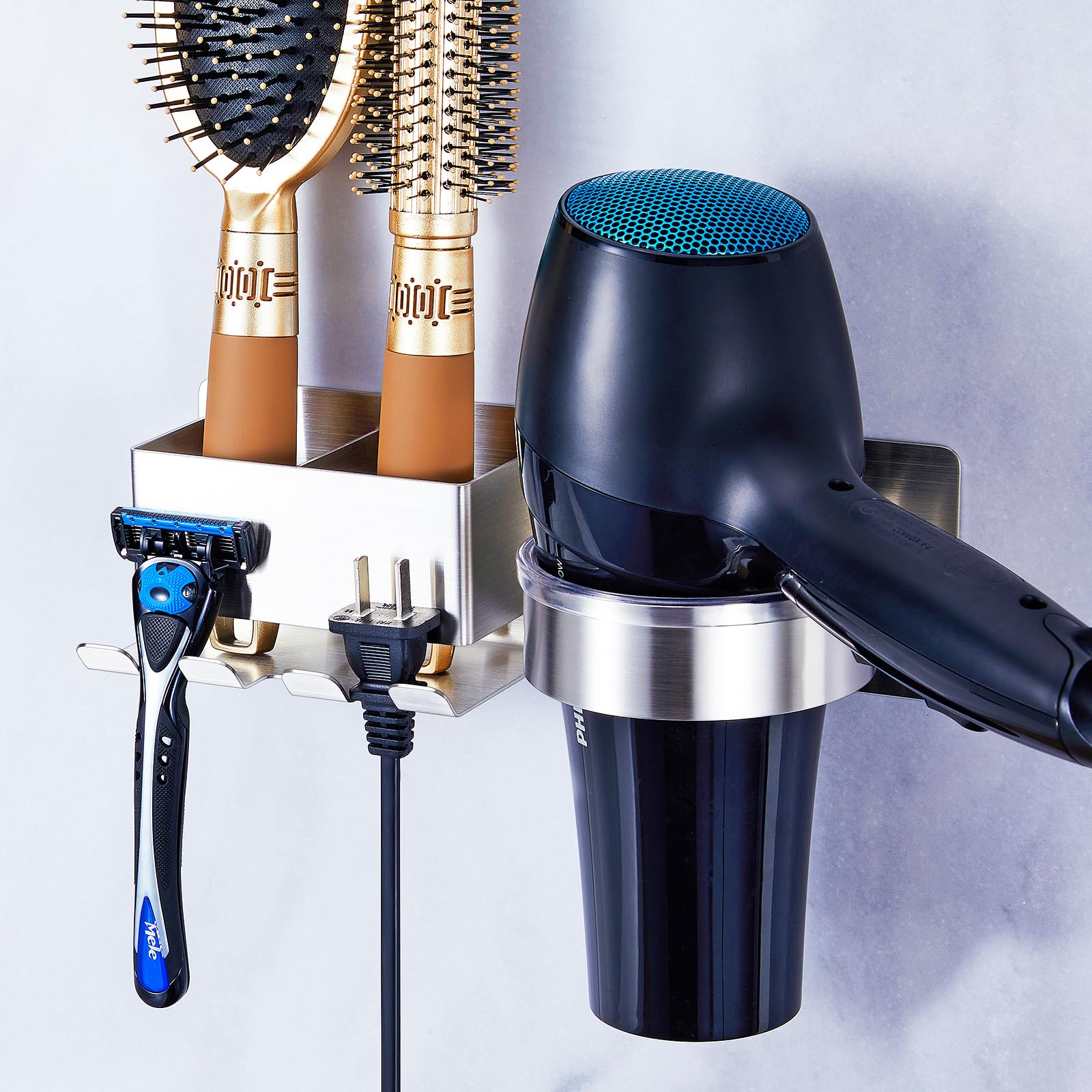 Supporto Parete Per Asciugacapelli E Piastre - Acciaio Inox Nero - Adesivo 3M