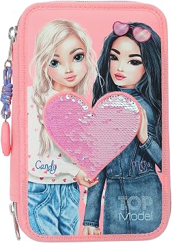 Depesche 12950 TOPModel - Filled 3 Compartment Pink Pencil Case, Pencil Case with Model Motif and Flip Sequins, Colored Pens, Ruler, Scissors and Much More