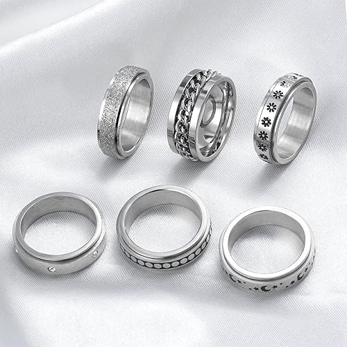 Miniatura 7 de DoreenBeads Anillos para ansiedad, anillo giratorio de acero inoxidable, anillo antiansiedad, anillo giratorio de luna, estrella, números romanos,