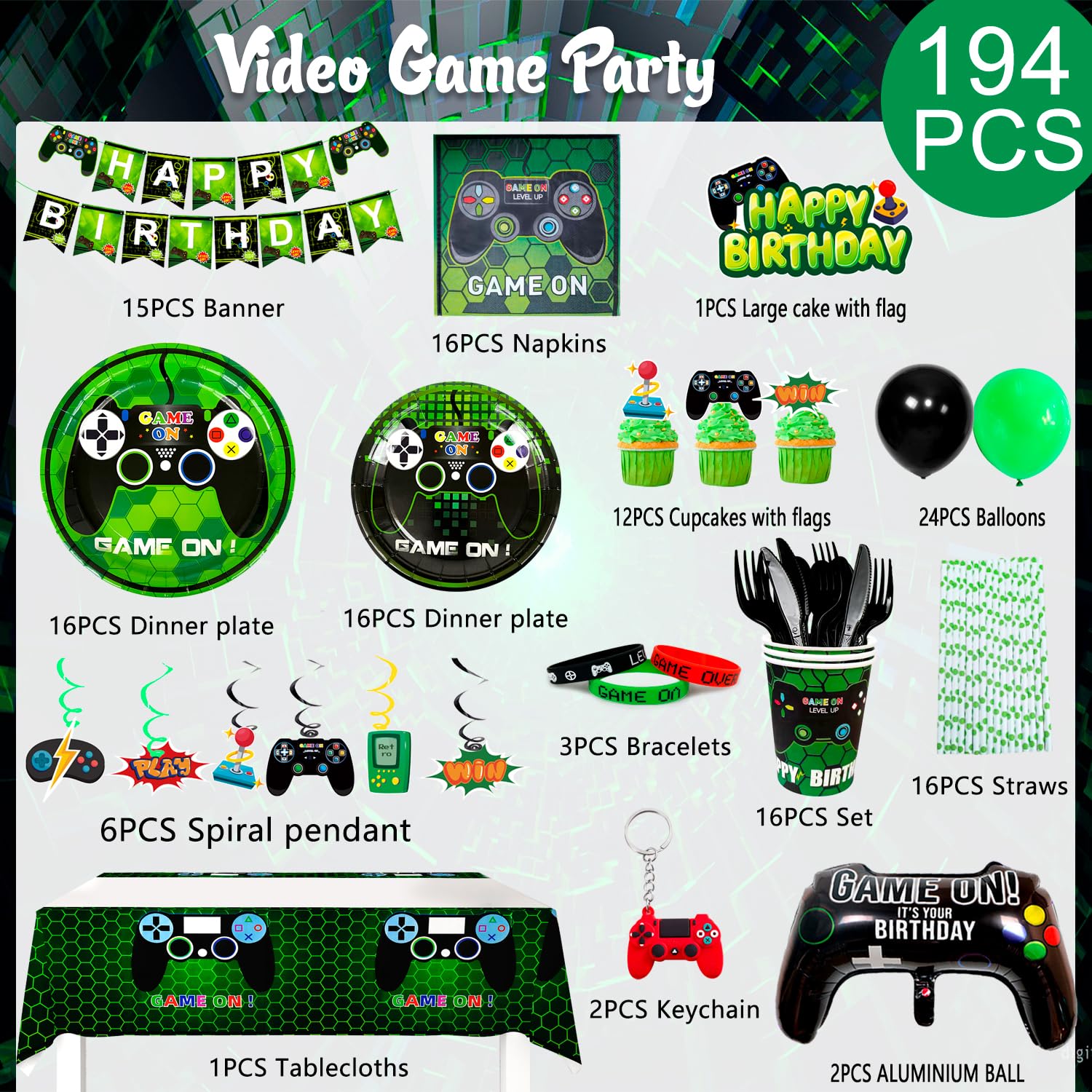 Video Game Party Decorations Video Games Party Tableware Supplies 64Pcs Llama Set Including 32 Pcs Plates, 16 Video Game Birthday Decorations