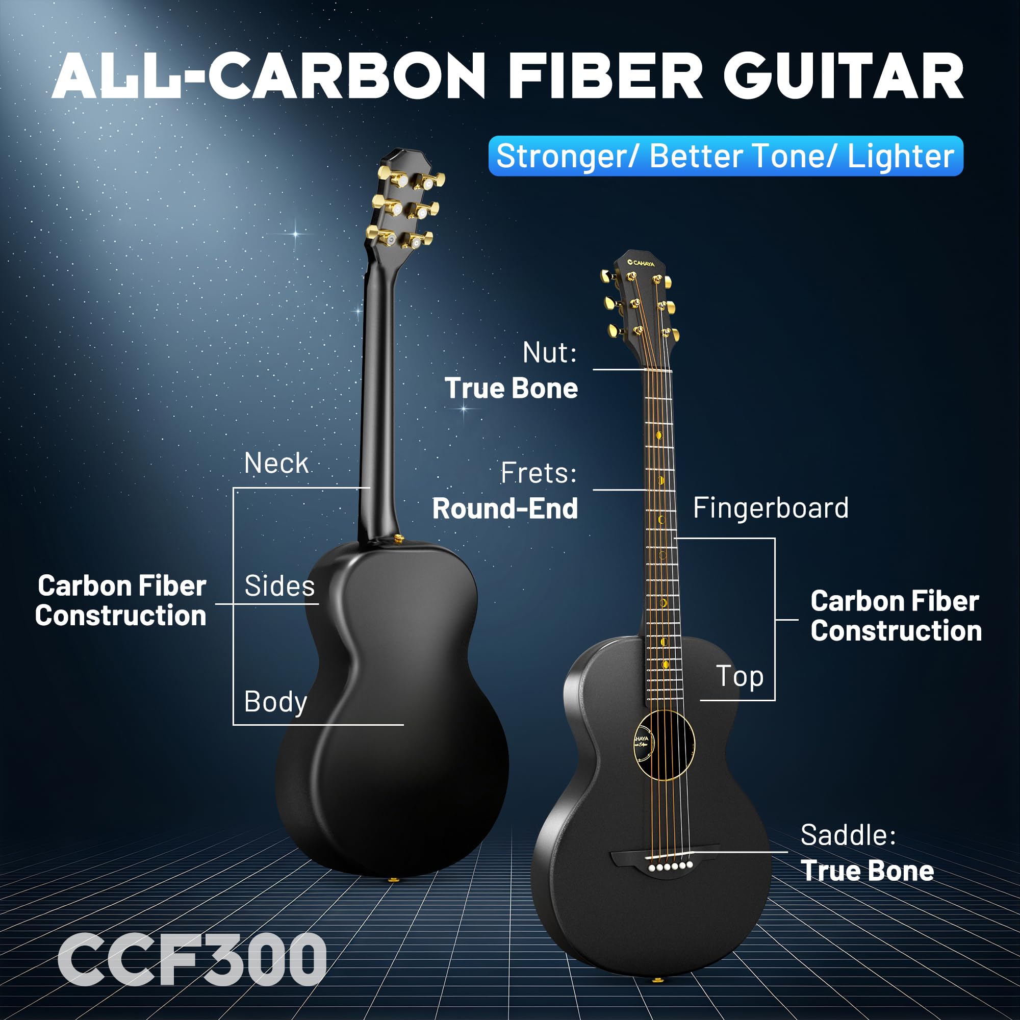 CAHAYA Carbonfaser Akustikgitarre 38 Zoll, ultraleicht 1,9 kg, Reisegitarre | OM-Bauform, ultraleicht 1,9 kg, wetterfest; Low Action, Modern-C-Hals, Stahlsaiten, Gigbag & Zubehör für Anfänger und Reisen