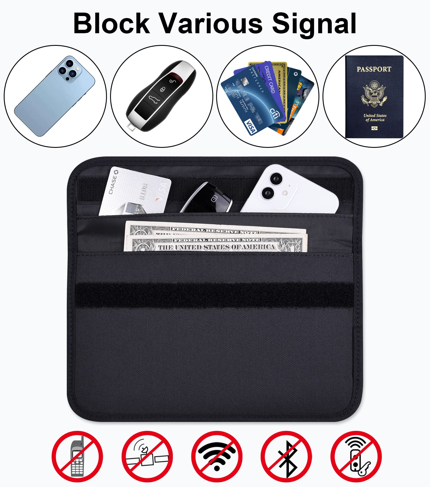Wisdompro Faraday Sac de blocage de signal RFID, pochette de protection pour téléphone portable et clé de voiture, protection de la vie privée, anti-suivi, anti-espionnage – noir, format L