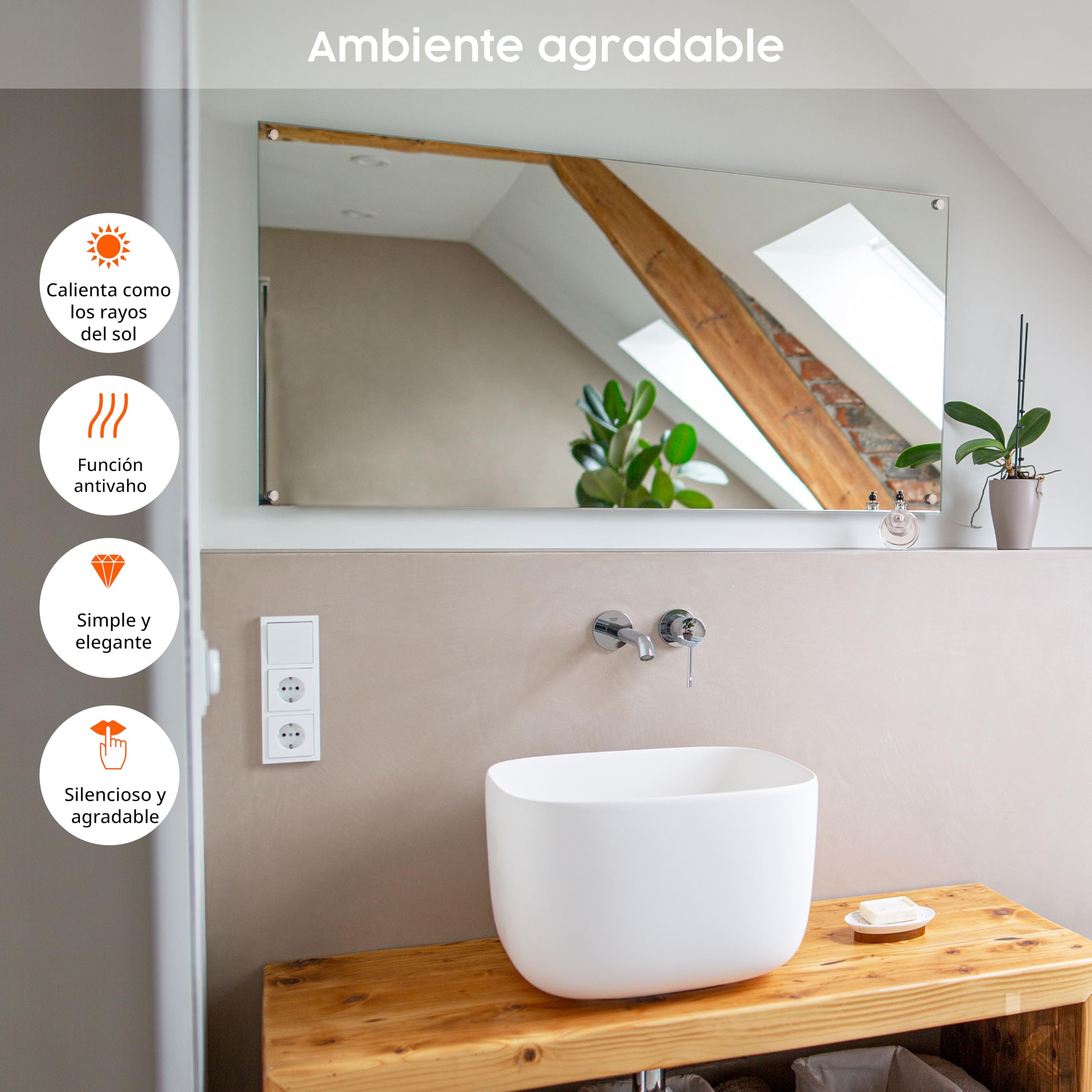 Könighaus Calefacción por infrarrojos de espejo - 450W sin marco incl. Termostato - Calefacción de espejo que ahorra energía - Calefacción por infrarrojos de pared - Calienta en 2 minutos