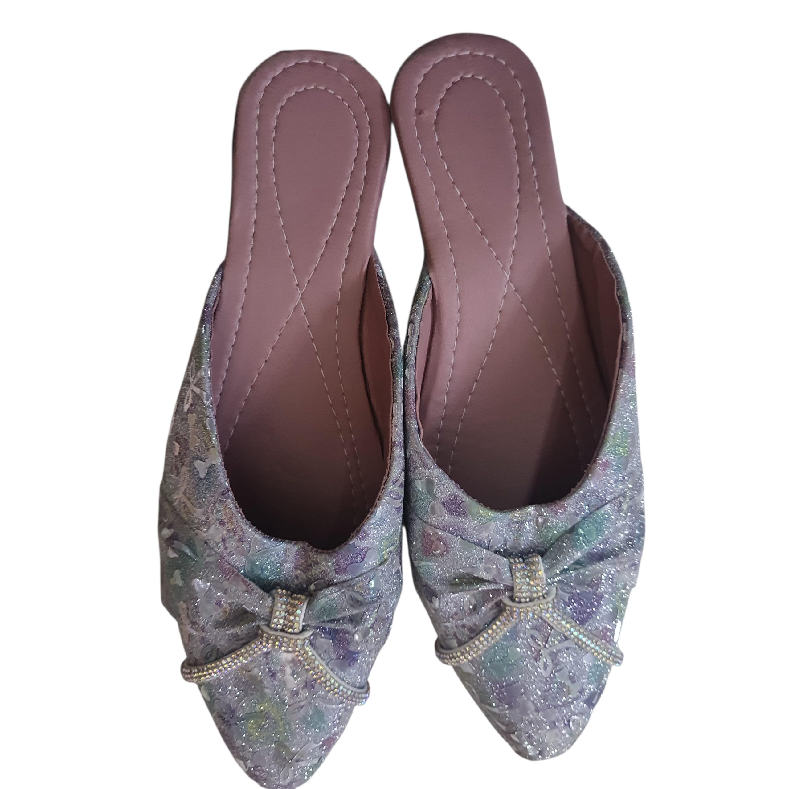 Women's Glitter Floral Mule Slippers with Rhinestone Bow, Pointed Toe, Multicol-image-9