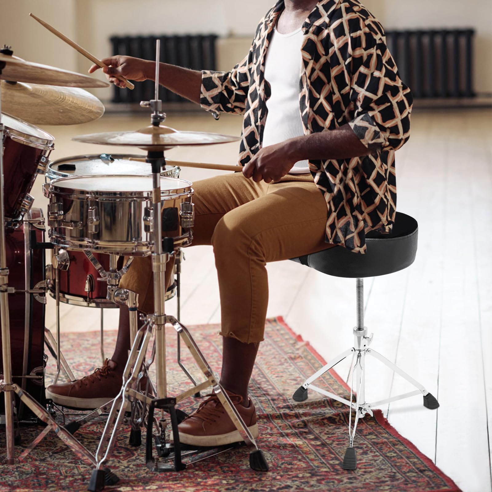 Taburete para batería de hierro con asiento de poliuretano, 45-60 cm, altura ajustable, extraíble y redondo con pies antideslizantes, asiento de batería portátil, carga máxima de 100 kg