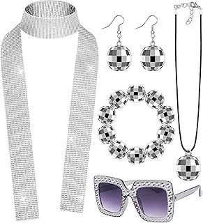 70s Disco Accessories Women, 70s Disco Costume Set Disco Ball Earrings Bracelet Necklace Sunglasses Sequin Scarf Disco Ball Accessories, Plastic, Pearl