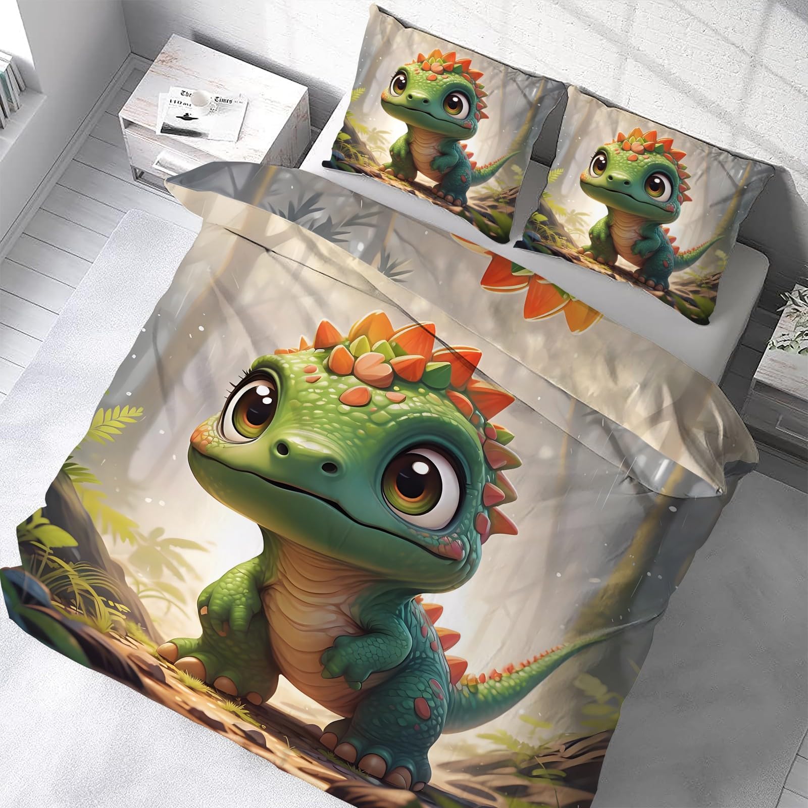 Zielony dinozaur Edredon poszewka 220 x 240 cm, zestaw pościeli roślin, 3-częściowy zestaw z miękkiej i oddychającej mikrofibry, 2 poszewki na poduszki 50 x 75 cm AN101