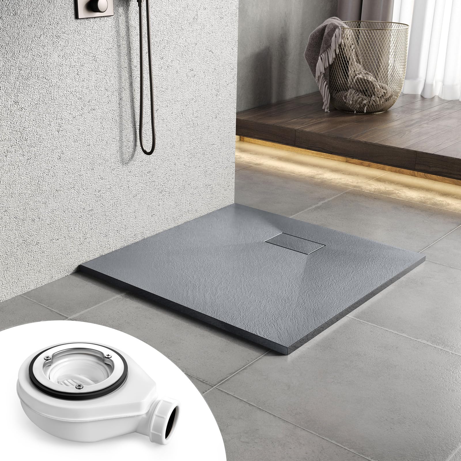 Heilmetz SMC Duschwanne 90 x 90 cm Grau, flach 2,6 cm inkl. Ablaufgarnitur | Pflegeleichte SMC Duschwanne mit rutschhemmender Steinoptik, 2,6 cm Höhe und 90 mm Ablauföffnung für flexible Montage
