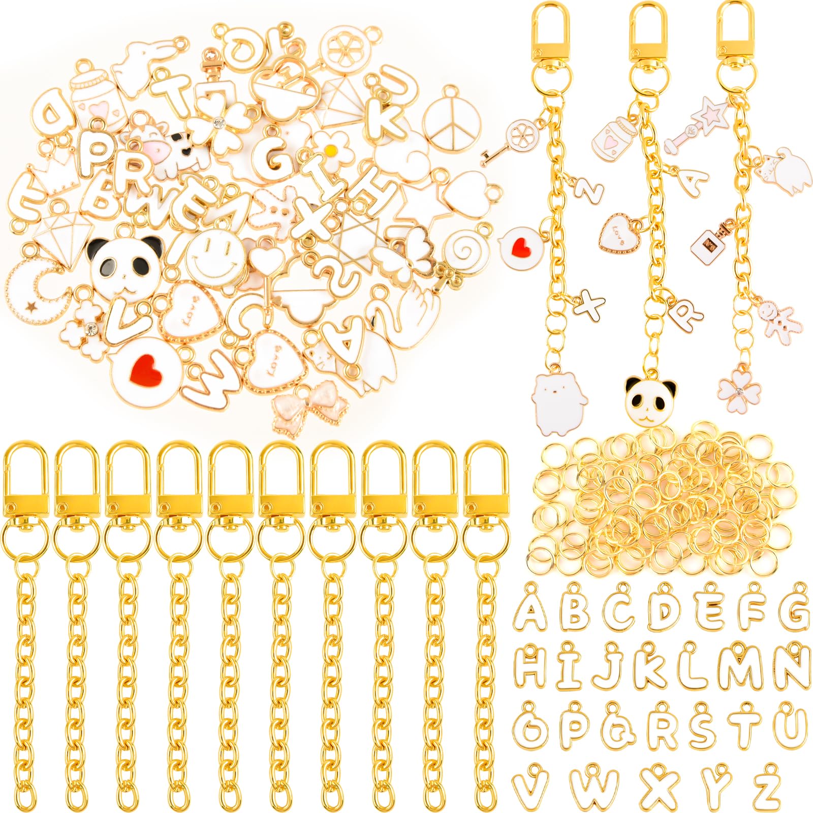 NEBURORA Bag Charms Kit Lip Gloss Keychain Making Kit,56 Cute Charms 10 Keychain Clips with Key Chain Hooks and 100 Jump Ring Jewelry Making Kit for DIY Women Gifts Craft Supplies (White)