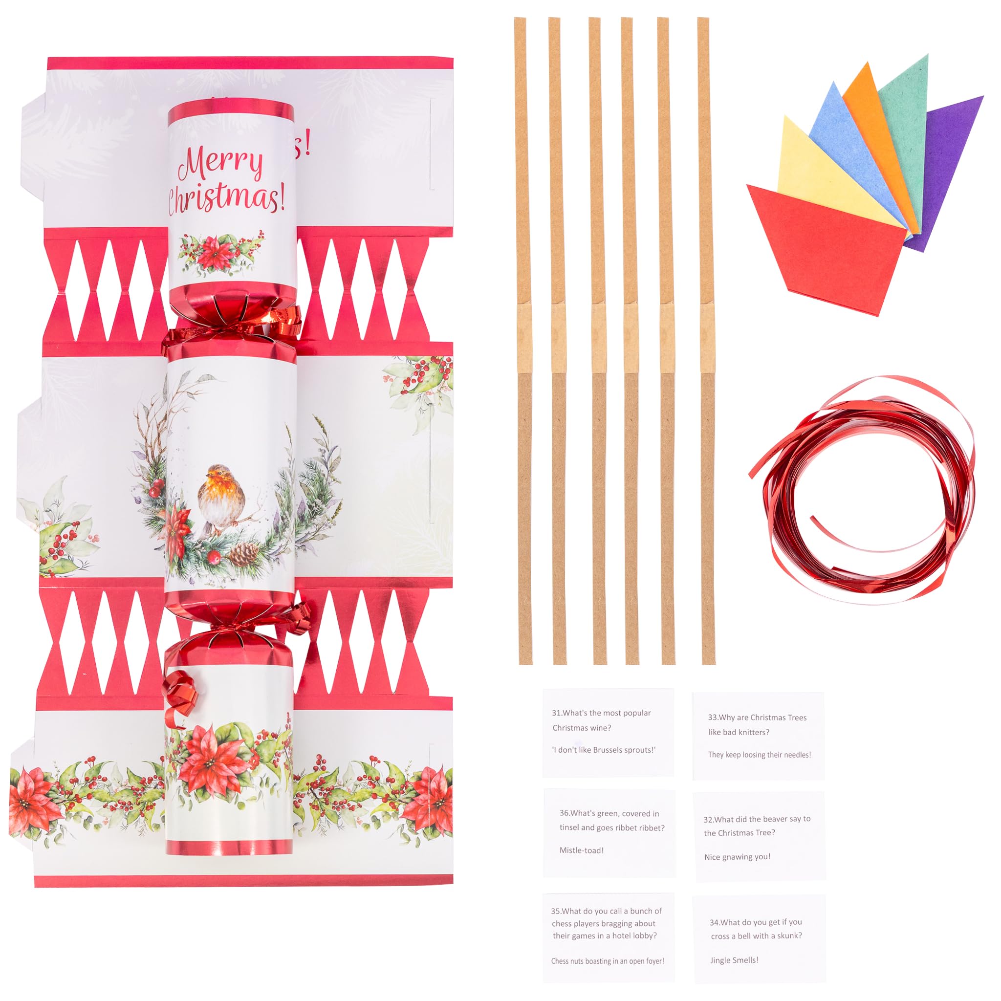 Evelay Robin Make Your Own Christmas Cracker Kit - Pack Of 6 Festive Diy Crackers With Hats, Jokes & Ribbons - Personalise Your Own Fillers - Fun Xmas Craft Activity (Robin)