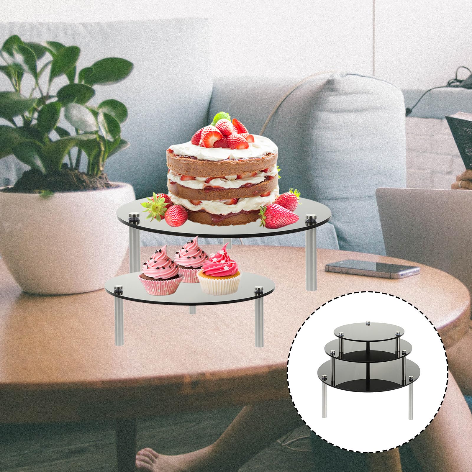 INOOMP Espositore per Torte a 3 Livelli in Acrilico Nero per Feste