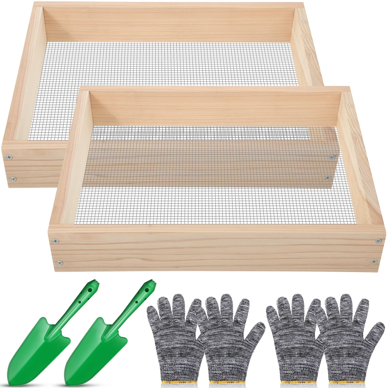 Therwen Juego de 2 tamices de tierra, tamiz de tierra, tamiz de tierra de madera, tamiz de compost, malla de 0.24 pulgadas con guantes y palas para plantas bonsái, macetas, verduras, hojas de arena,