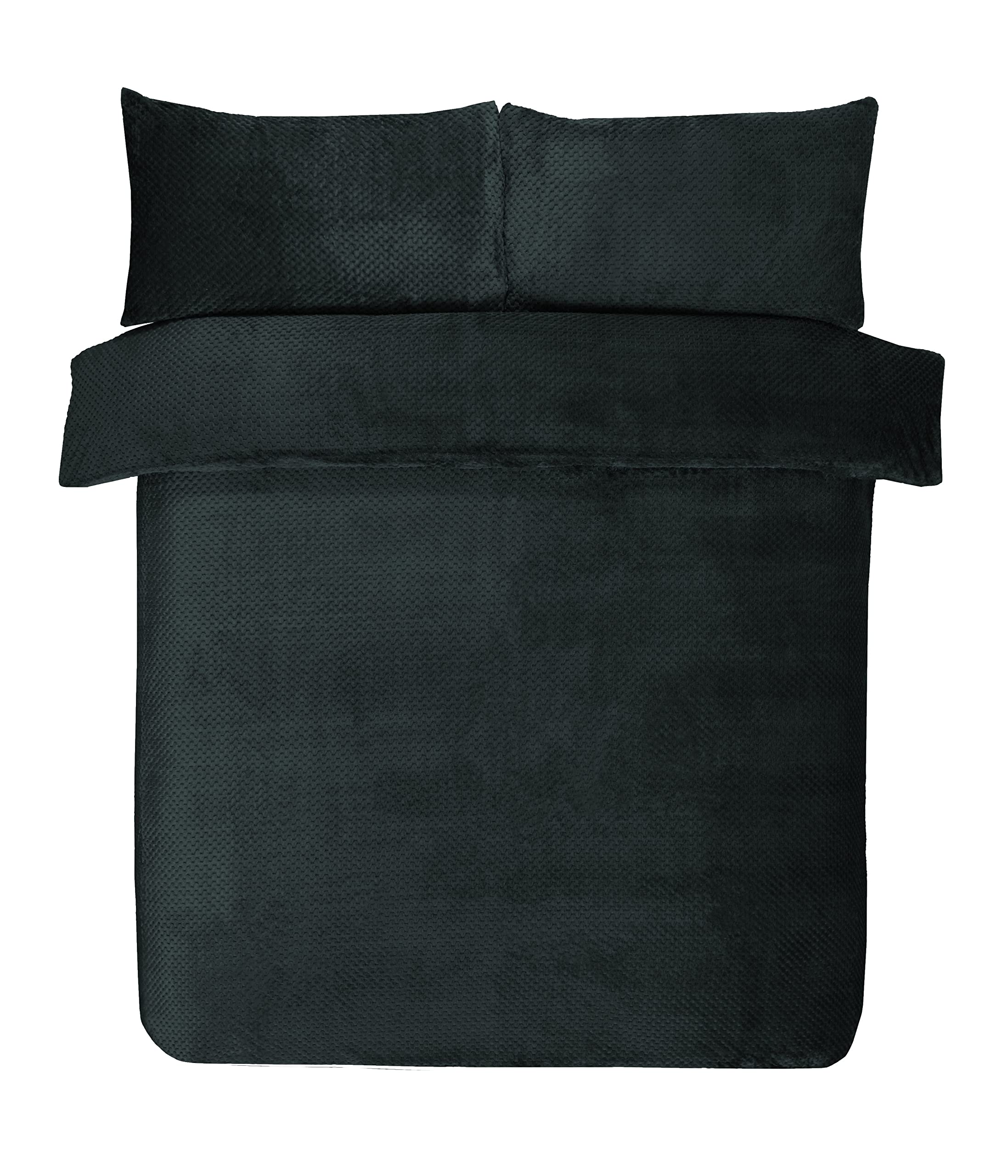 Sleepdown Waffle Fleece Thermal Warm Cosy Super Soft Duvet Cover Quilt Bedding Set with Pillow Cases - Super King (220cm x 260cm) - Black